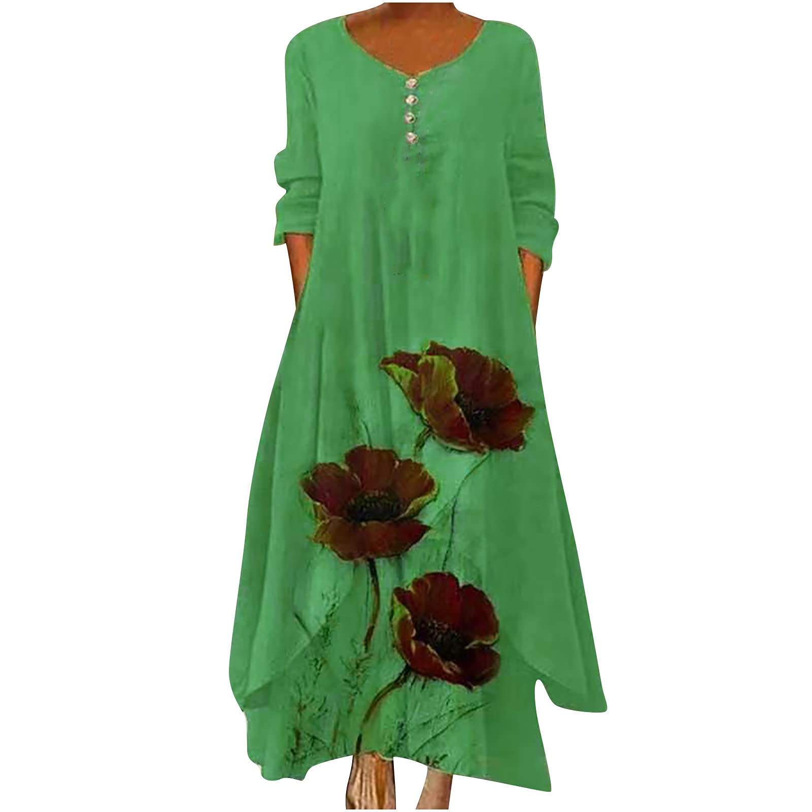 Women's Floral Print Maxi Dress - Cotton Linen Blend Long Sleeve Loose T-Shirt Dress with Crew Neck & Irregular Hem | Perfect for Boho Chic Style, Summer Vacations & Casual Outings