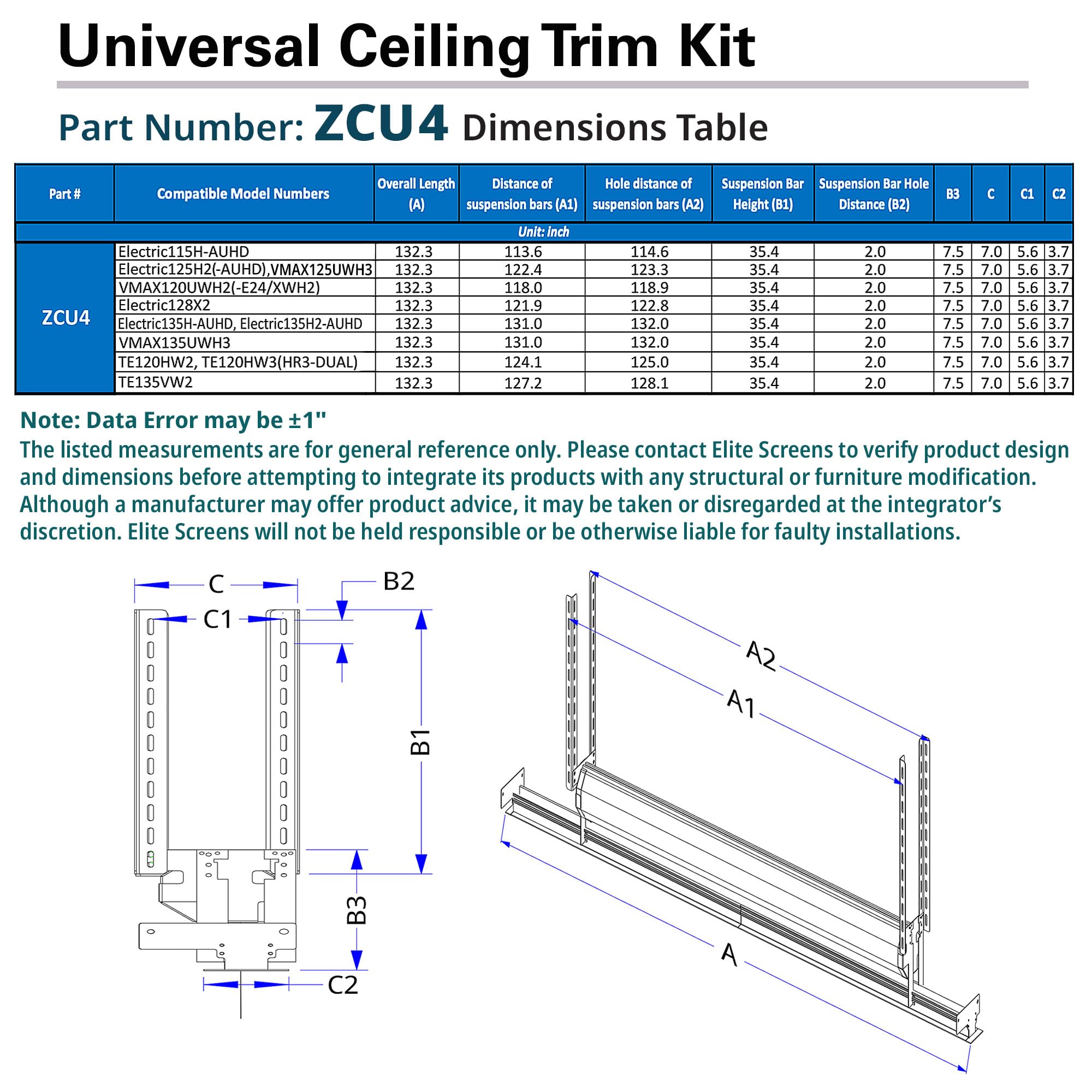 Elite Screens Universal Ceiling Trim Kit for Hidden In-Ceiling Projector Screen Installation - ZCU4 - Perfect for Home Theater and Commercial AV Setups