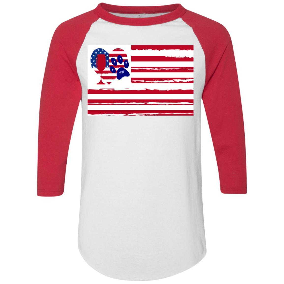 American Flag Wine Paw Heart Colorblock Raglan Jersey - Patriotic Comfort Wear for Casual Outings & Wine Tasting Events