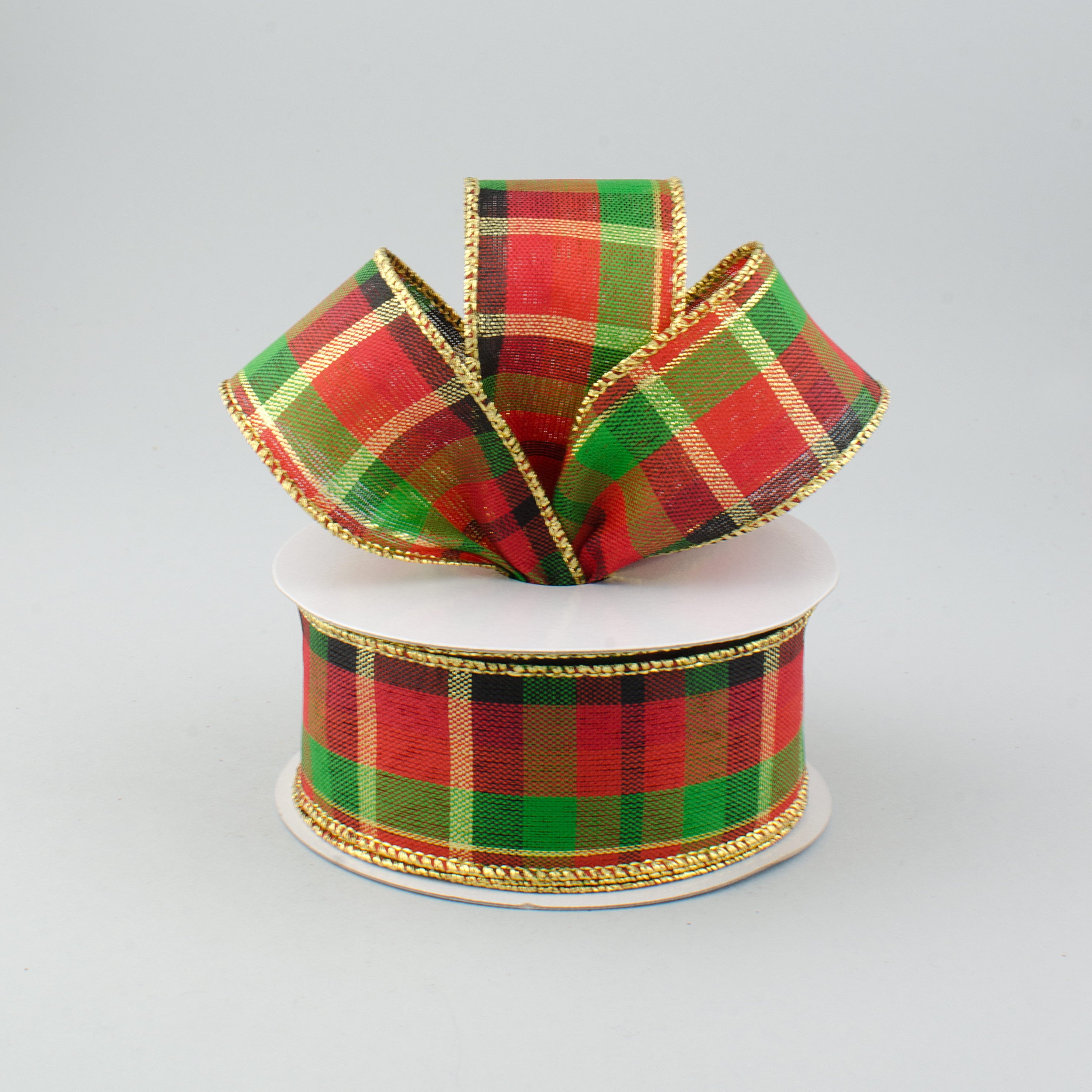 1.5 Inch Metallic Plaid Ribbon - Red, Green, Black & Gold Christmas Gift Wrapping Ribbon (10 Yards) for Holiday Decorations, DIY Crafts & Present Wrapping