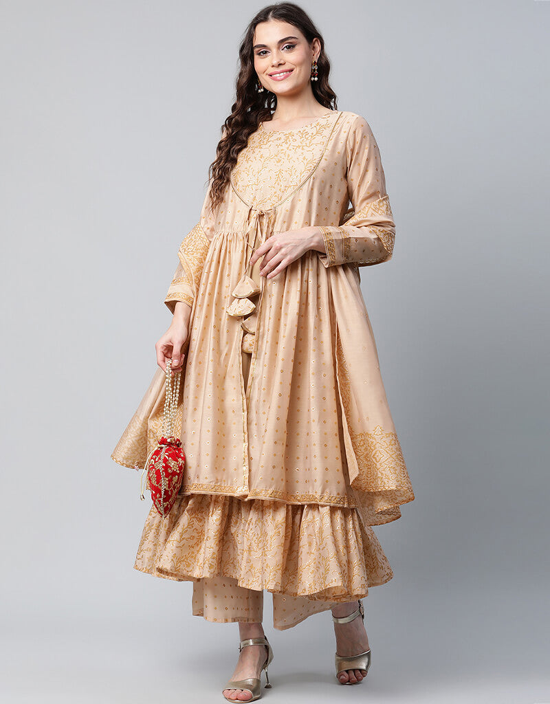 Elegant Beige Chanderi Salwar Suit with Palazzo Pants - Perfect for Weddings, Festivals & Special Occasions