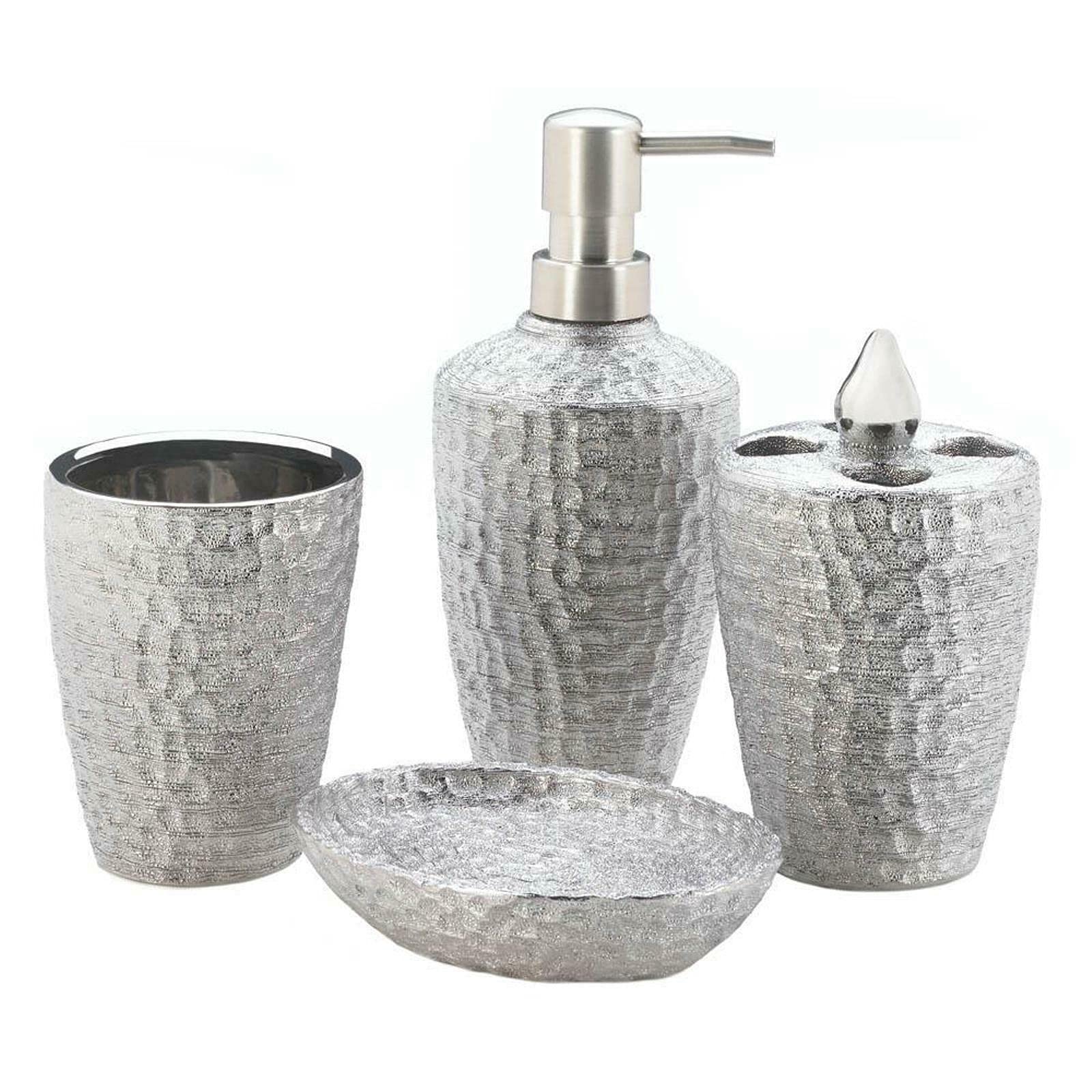 Premium Europder Porcelain Hammered Silver Bathroom Set - Soap Dispenser, Soap Dish, Toothbrush Holder & Cup | Elegant Bathroom Decor Accessories for Modern Homes, Hotels & Spas
