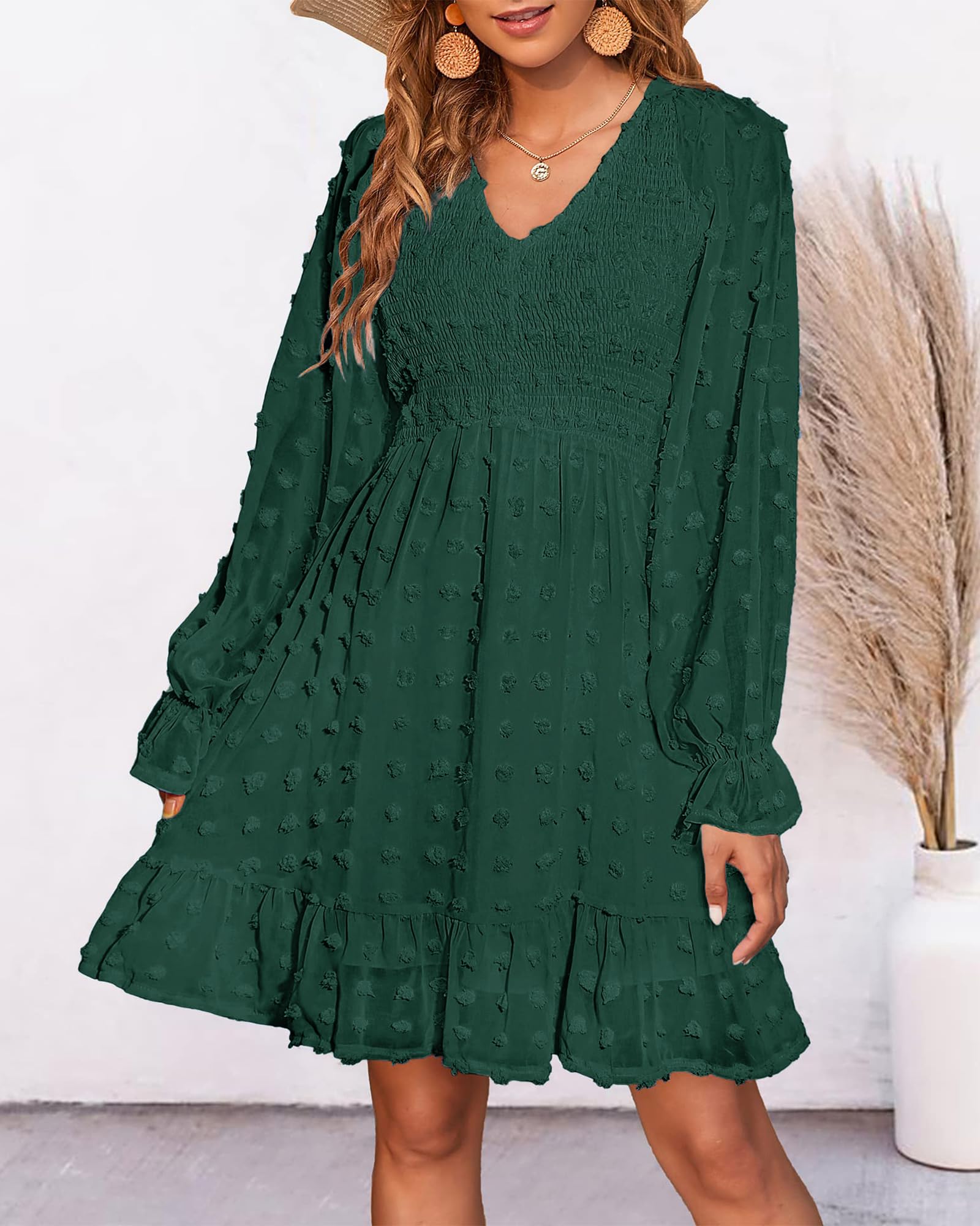 BTFBM Women's Smocked Short Dress - V Neck Long Sleeve Swiss Dot Ruffle Chiffon Flowy Mini Dress for Spring Summer 2025 | Casual Outfit for Brunch, Date Night & Beach Vacation