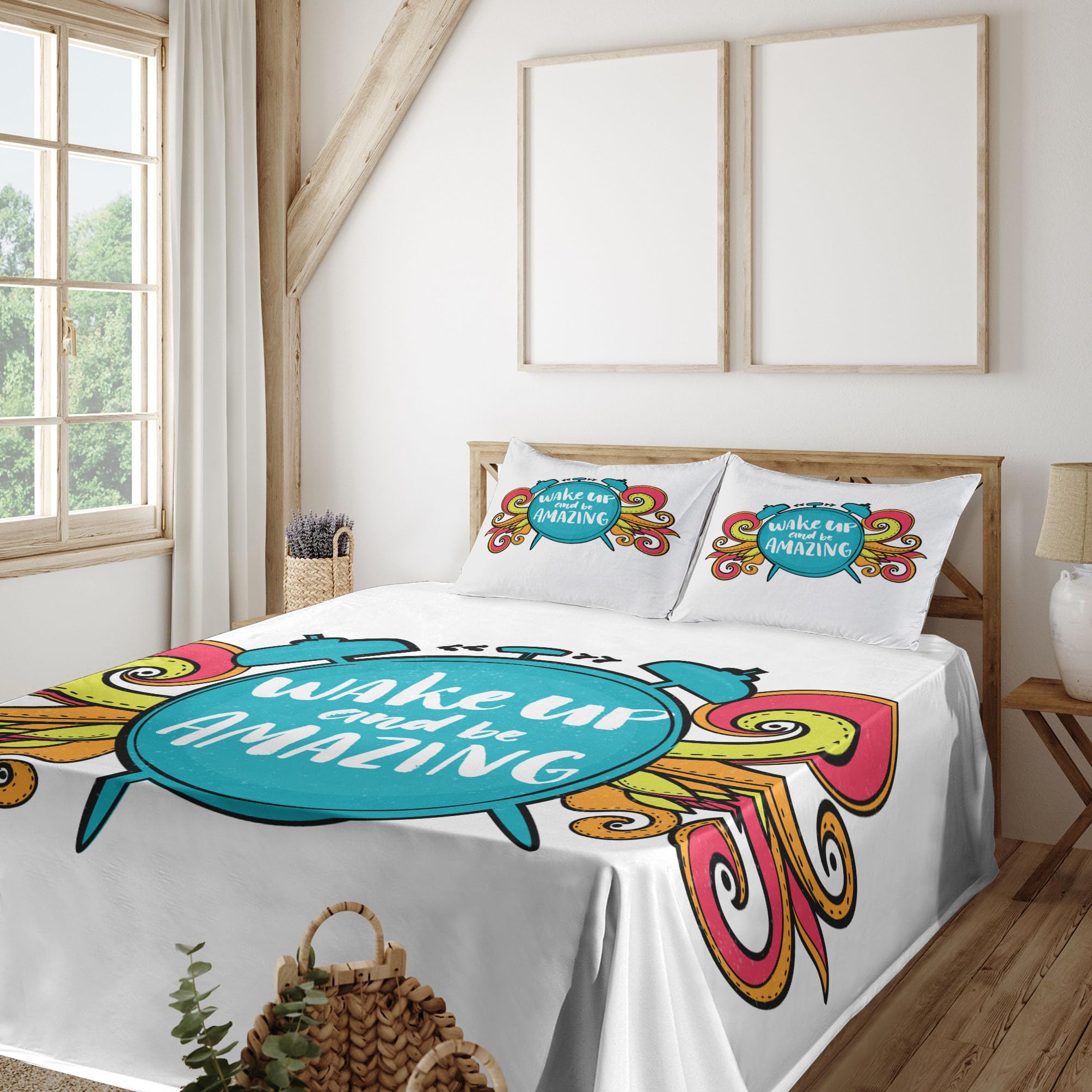 Ambesonne Motivational Bed Sheet Set - Wake Up & Be Positive 4-Piece King Size, Sky Blue & Dark Coral - Includes Fitted Sheet, Flat Sheet & Pillowcases - Perfect for Uplifting Morning Routine & Inspirational Bedroom Decor