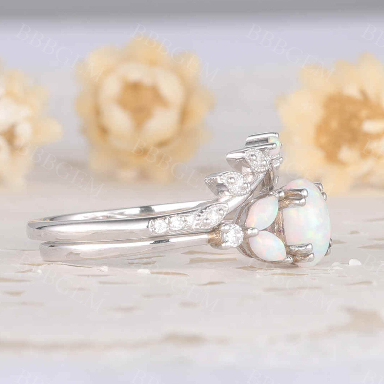 Oval Opal Ring Set in White Gold with Diamond Accents – Elegant Bridal Jewelry for Women | Perfect for Engagement, Wedding & Anniversary Gifts