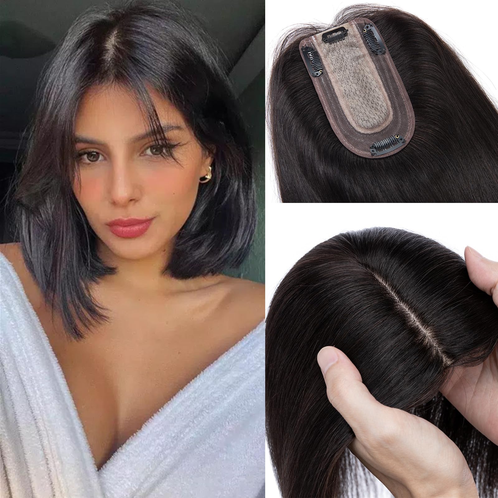 100% Human Hair Topper for Women - Remy Hair Silk Base Clip-in Topper 16