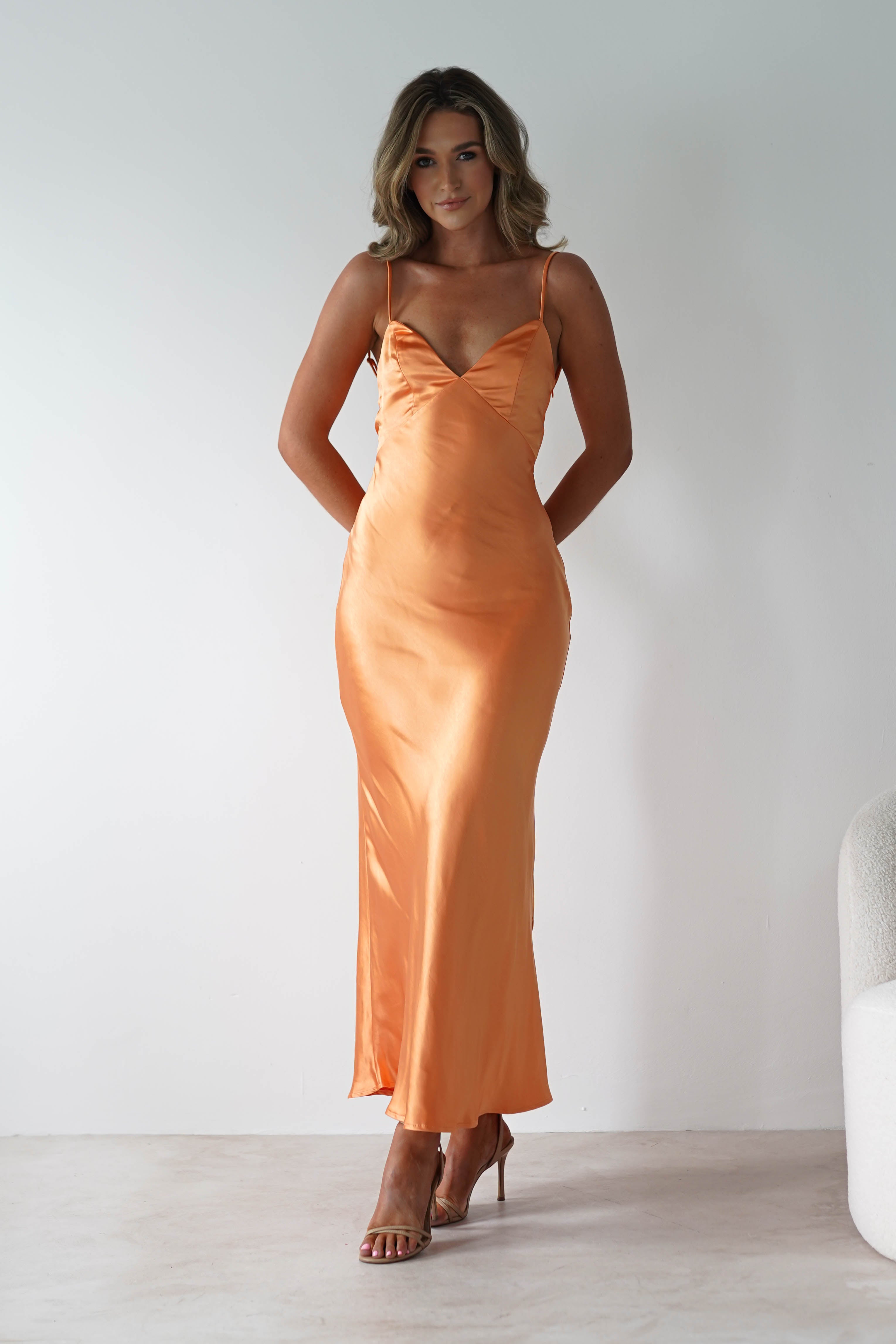 Hermie Women's Silky Satin Maxi Dress - Flowy Long Evening Gown with V-Neck & Slit | Orange | Perfect for Parties, Weddings & Special Occasions