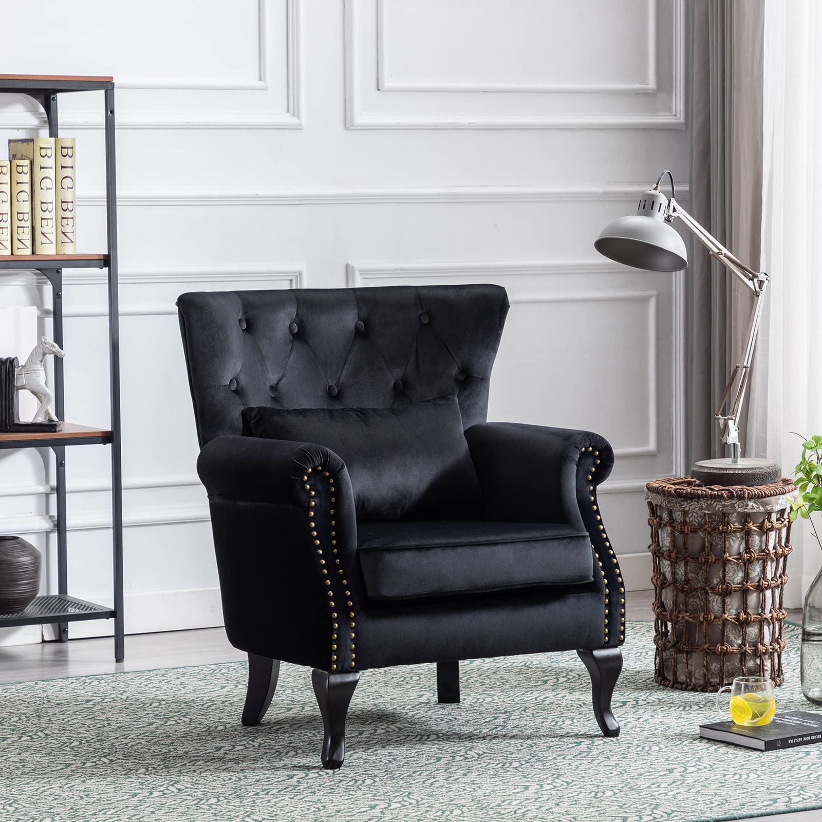 Midcentury Modern Accent Reading Arm Chairs Set of 2 - Velvet Black Wingback Club Chairs with Button Tufted Back & Lumbar Pillow for Living Room, Bedroom or Office Waiting Area - Perfect for Reading Nooks, Lounge Spaces and Cozy Corners