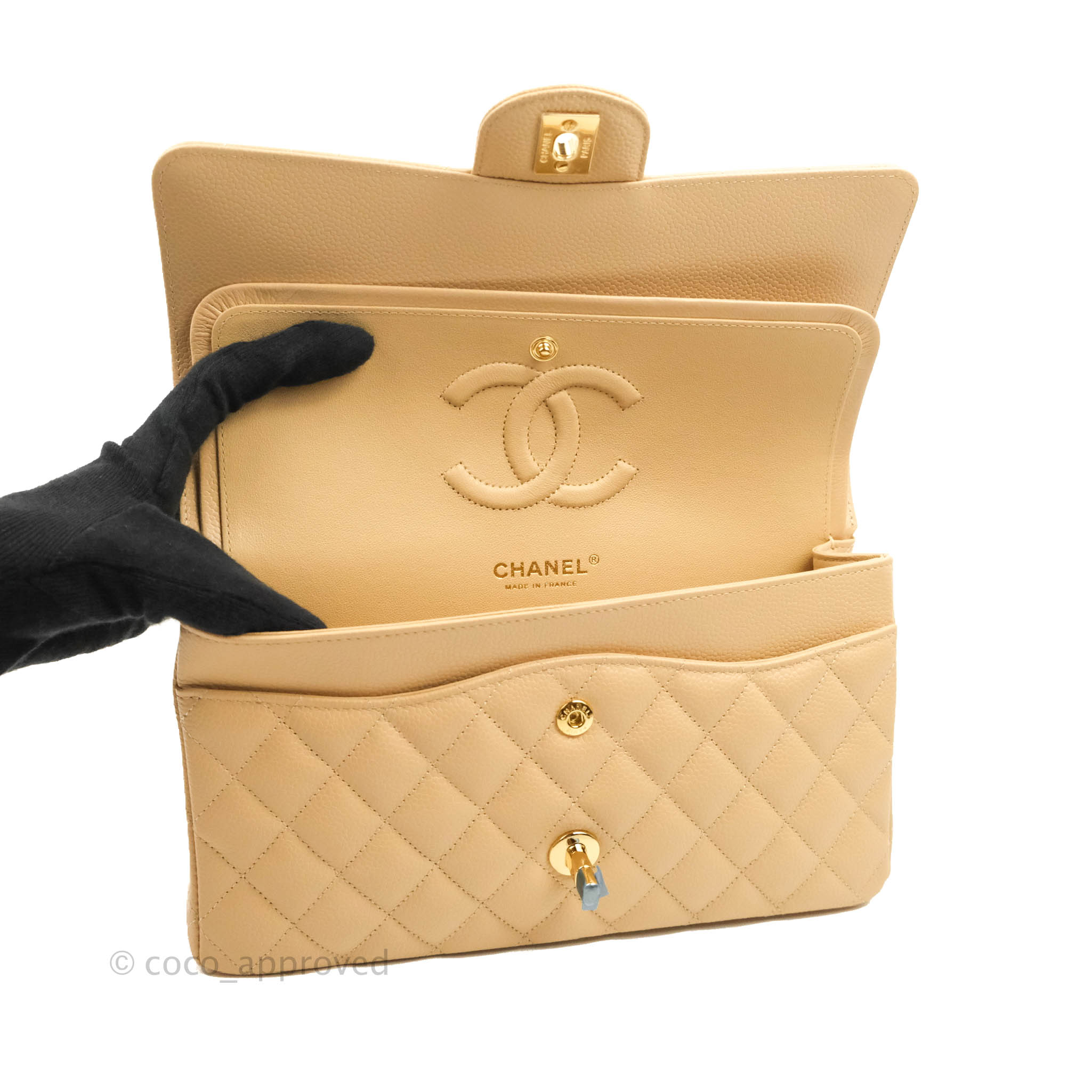 Chanel Classic M/L Medium Flap Bag Quilted Beige Caviar Leather with Gold Hardware - Luxury Handbag for Women, Perfect for Parties, Work & Everyday Use
