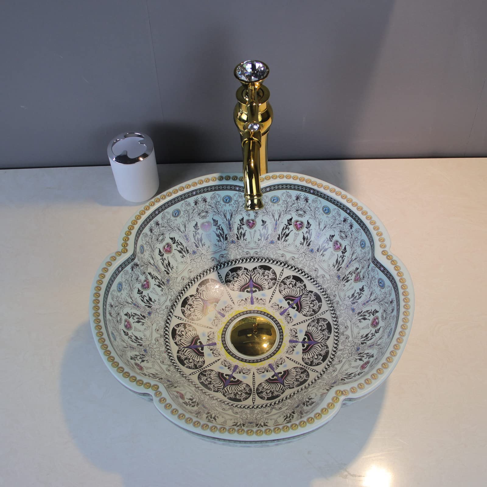 European Style Light Blue Floral Ceramic Vessel Sink - Above Counter Bathroom Vanity Top | Modern Farmhouse & Contemporary Bathroom Decor