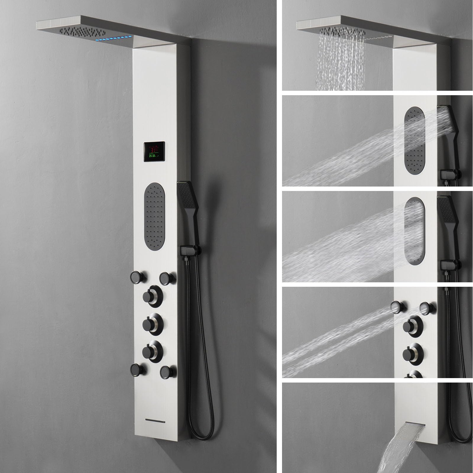 LED Shower Wall Panels with Rainfall Shower Head | Large Body Jet Massage System | Temperature Display & Adjustable Jets | Includes Tub Spout & Hand Shower in Brushed Nickel Finish | Perfect for Spa-Like Bathroom Renovations & Luxury Shower Experiences