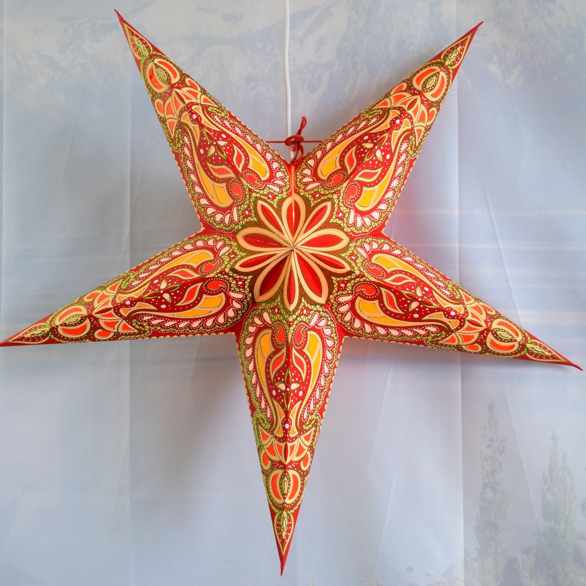 24 Inch Paper Star Lantern - Red & Green Stellar Bloom Glitter Hanging Decor for Christmas, Party, Wedding & Home Decoration