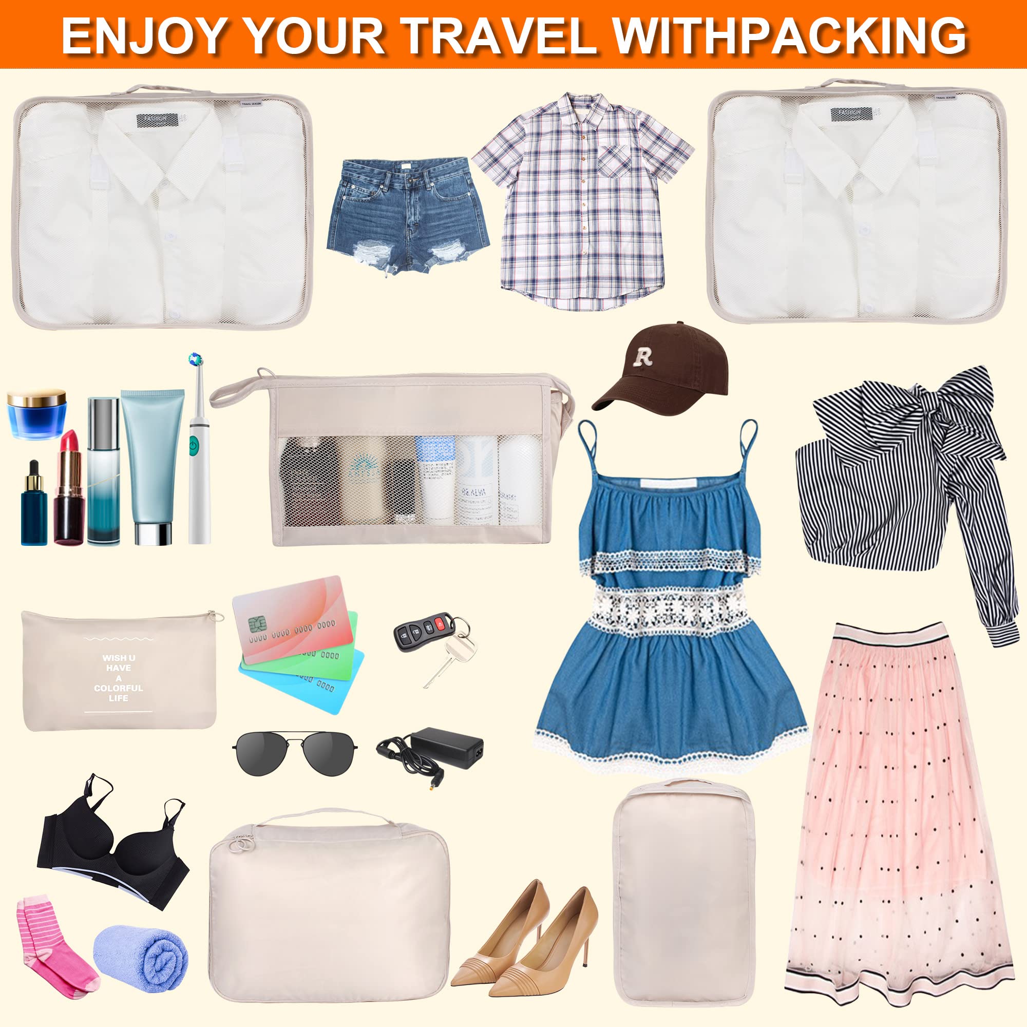 8-Piece Packing Cubes Set for Suitcases - Kingdalux Travel Luggage Organizers with 3 Large Storage Bags | Compression Storage, Laundry & Shoe Bags | Perfect Travel Essentials for Men & Women | Ideal for Business Trips, Vacations & Weekend Getaways