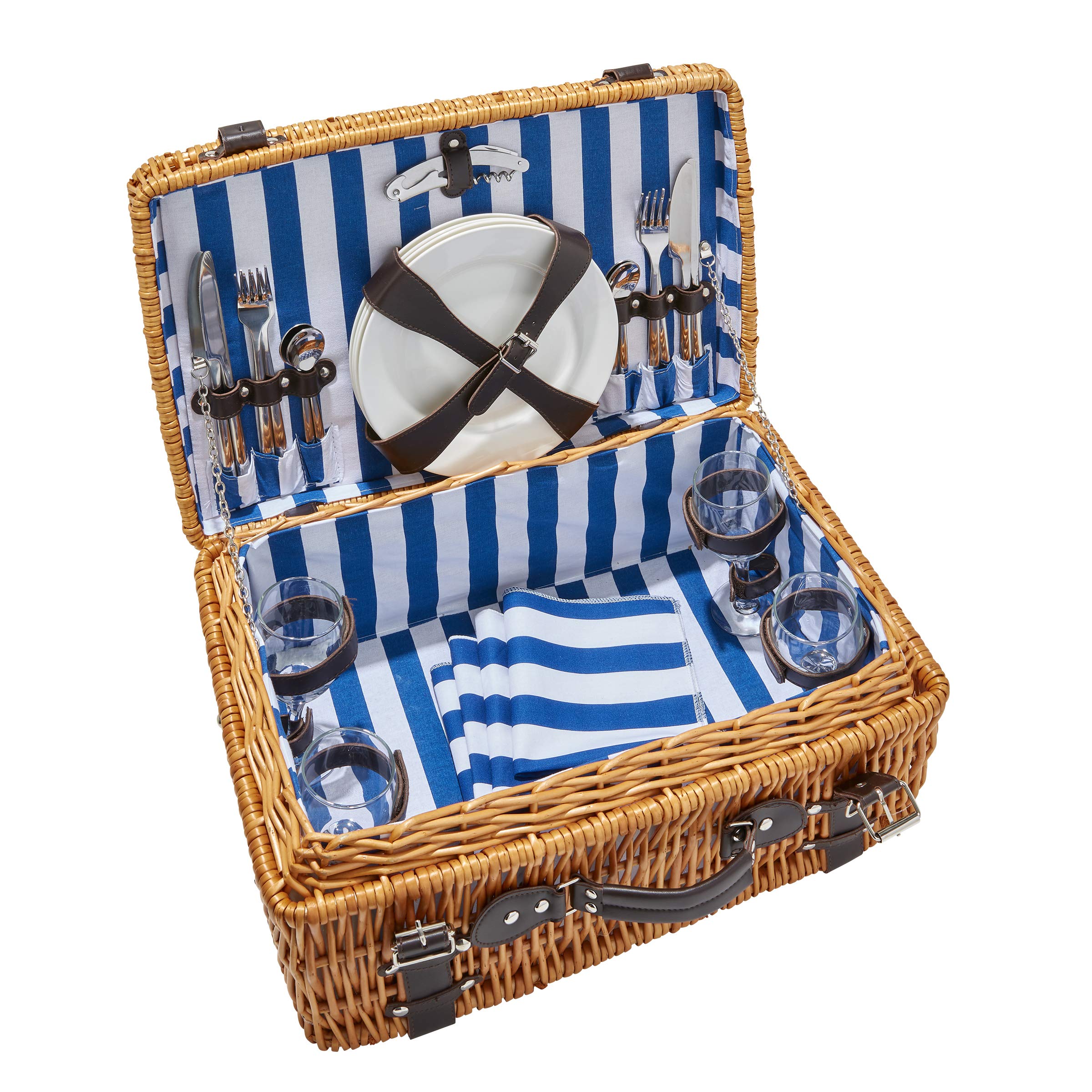 Hoan 5249894 Picnic Basket Set with Utensils & Dinnerware for 4 People - Portable Outdoor Dining Kit for Camping, Beach, Park & Family Gatherings