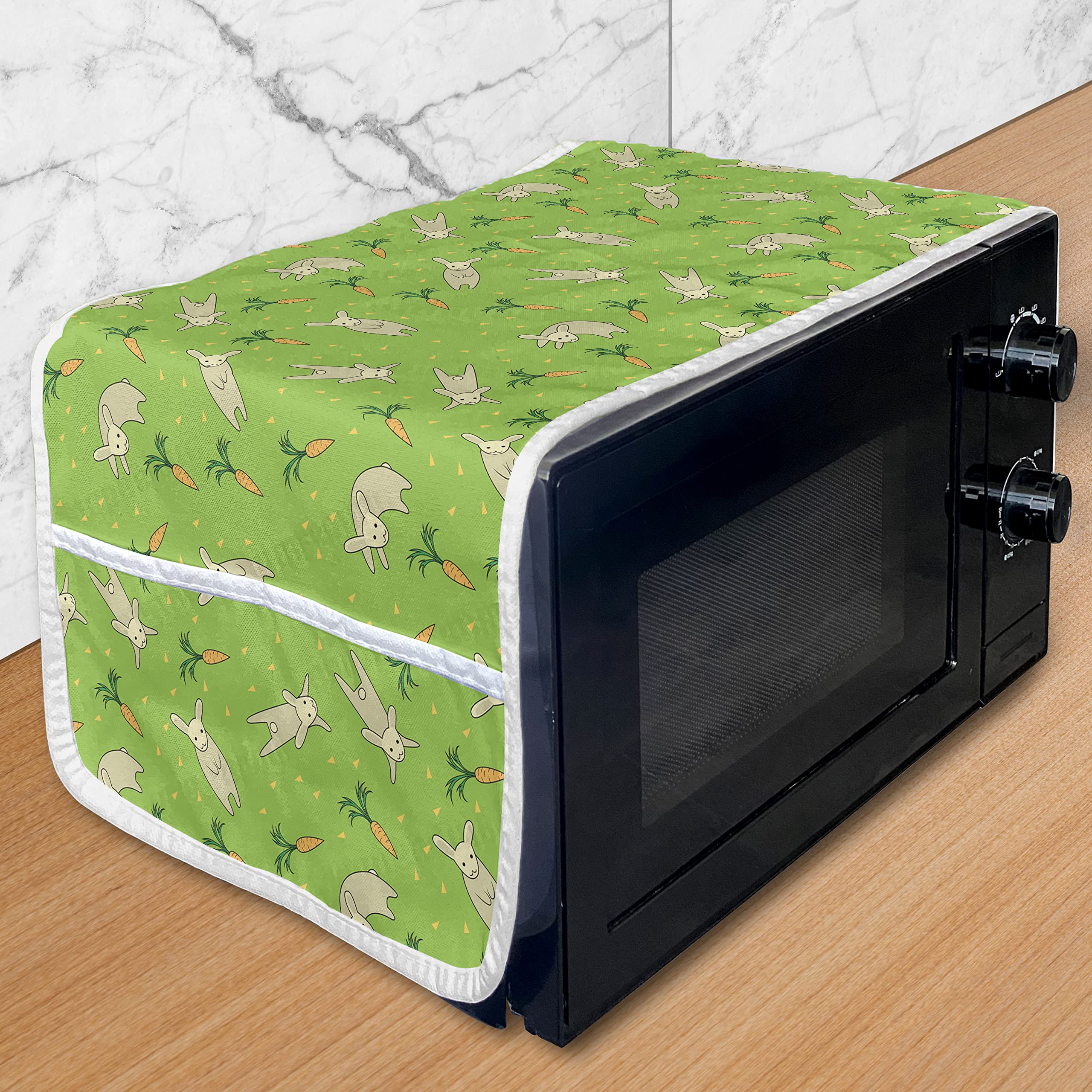 Ambesonne Bunny Microwave Cover with Carrots & Triangle Design - Waterproof Kitchen Organizer with Pockets, 36 x 12 Inches, Lime Green Multicolor - Perfect for Easter Decor & Small Kitchen Storage