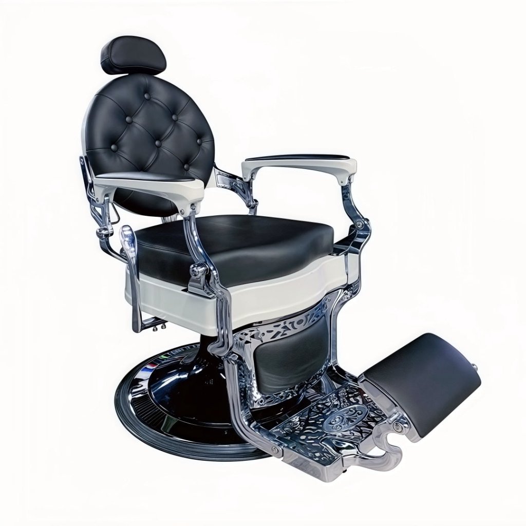 Greenlife® Antique Luxury Heavy Duty Square Swivel Barber Chair - White & Black Leather Upholstery for Salon, Barber Shop & Home Styling Station