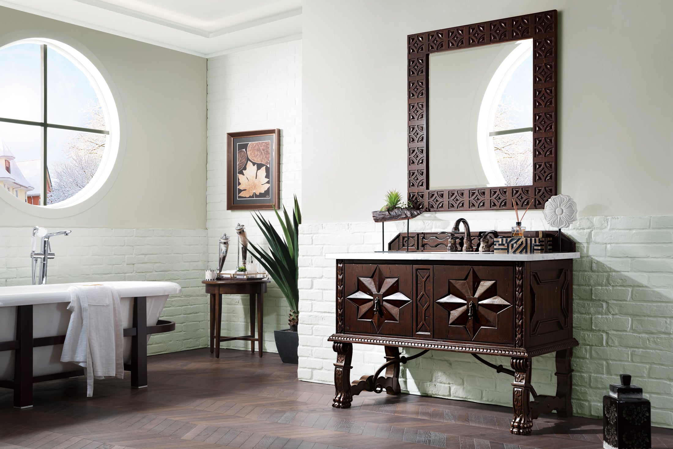 Balmoral 48 Inch Antique Walnut Bathroom Vanity with 3CM Arctic Fall Solid Surface Top - Perfect for Modern Farmhouse & Traditional Bathroom Designs