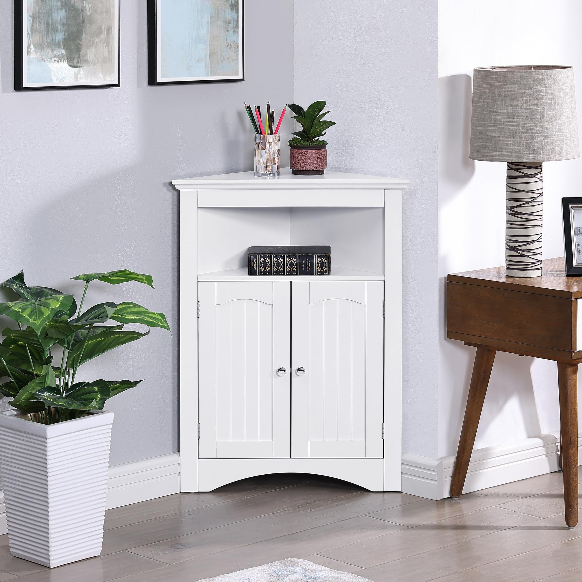 Bellemave White Triangle Bathroom Storage Cabinet with Doors & Open Shelves - Freestanding Corner Cabinet for Bathroom, Kitchen & Living Room - Perfect for Small Space Organization & Home Decor