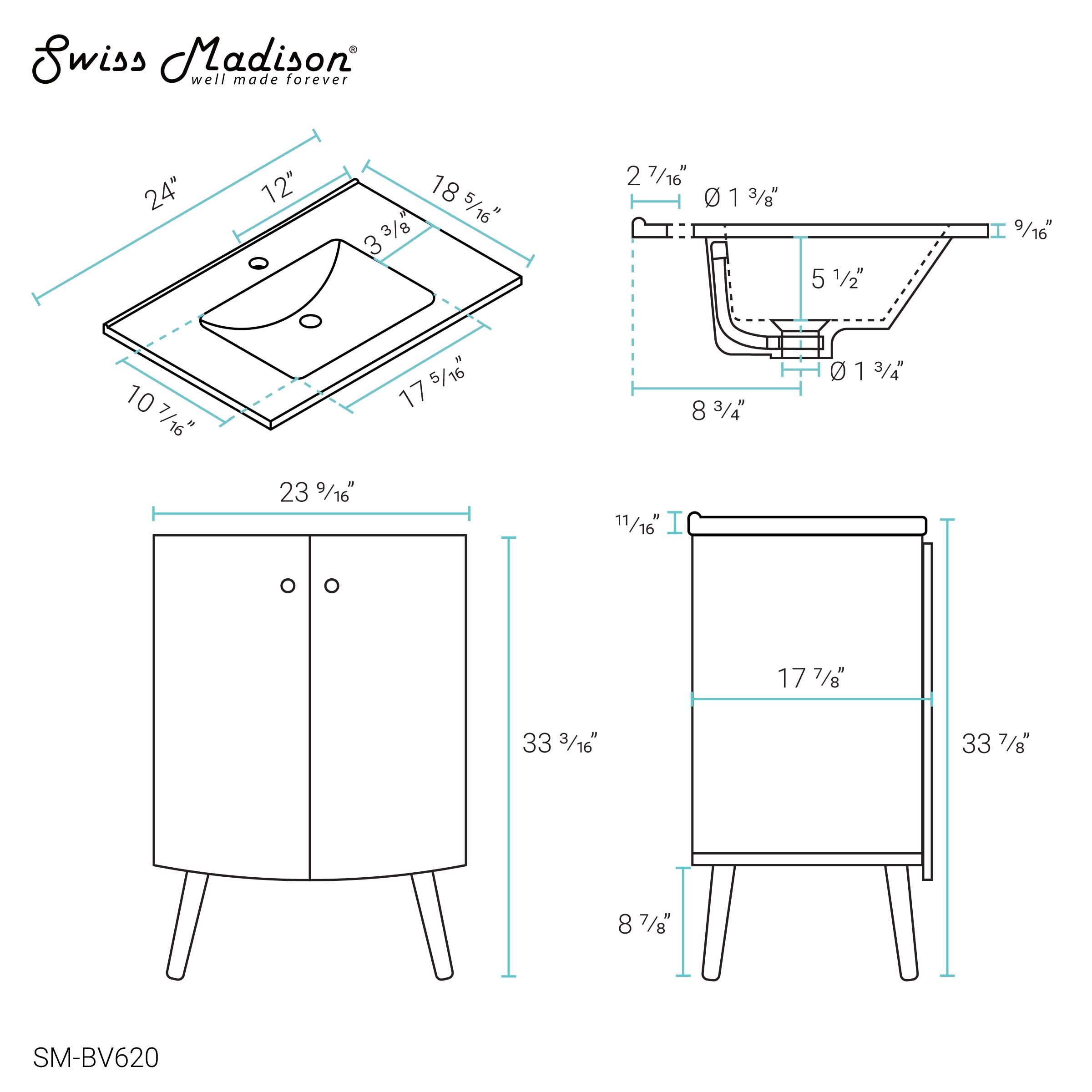 Swiss Madison Manoir 24 Inch White Bathroom Vanity with Sink - Modern Space-Saving Vanity for Small Bathrooms & Powder Rooms