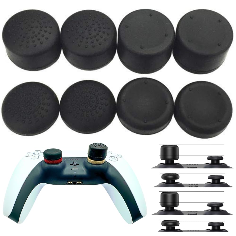 MaD Vision® 4 Pairs (8 Pieces) Ergonomic Thumb Grips for PS5/PS4, Xbox Series X/S/One/360 & Nintendo Switch Pro Controllers - Multiple Thicknesses & Textures [14/8/6 mm] - Black - Improve Gaming Comfort & Grip for Long Sessions