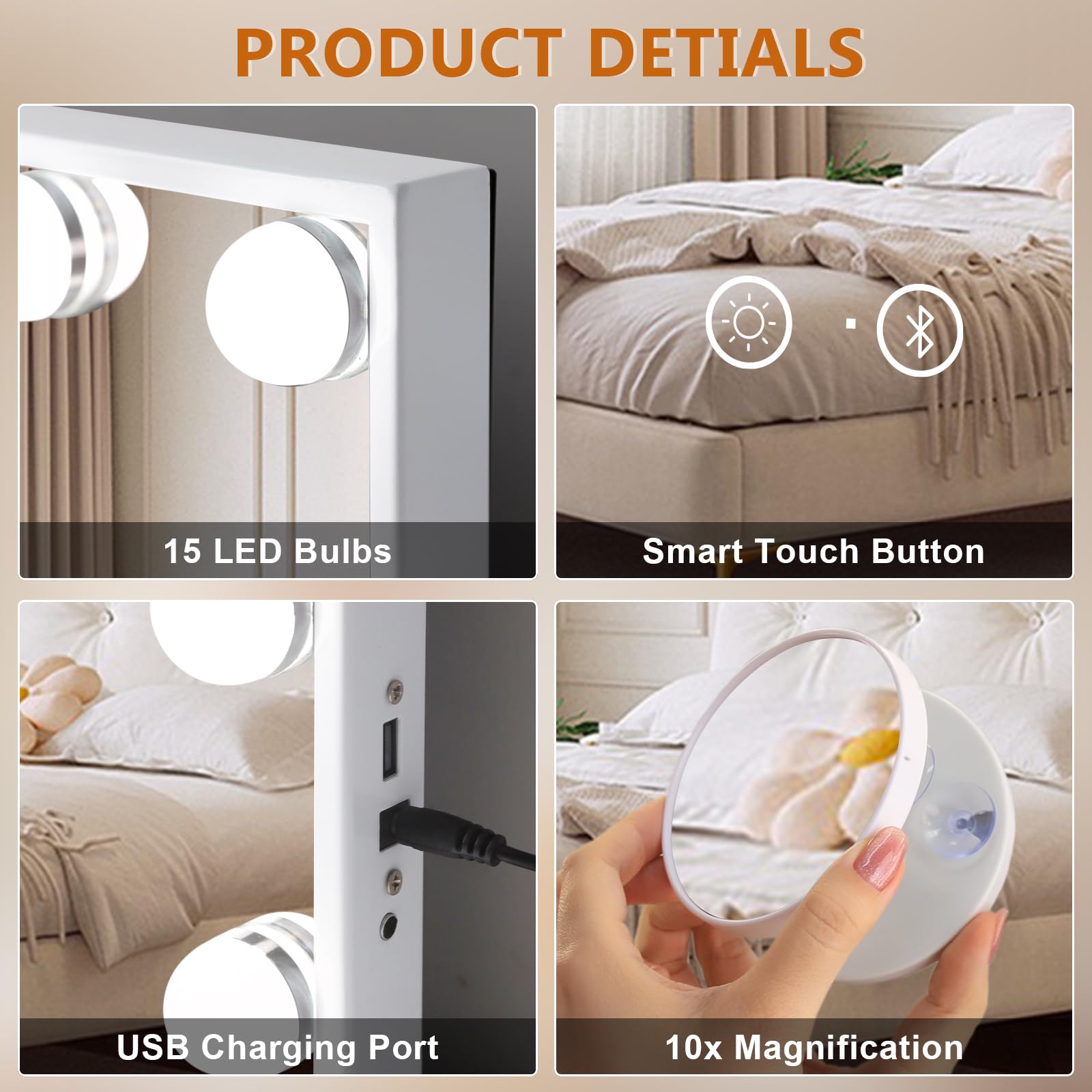 Hollywood Vanity Mirror with Lights & Bluetooth Speaker - 15 LED Bulbs, Smart Touch Control, 10X Magnification & USB Charging - Perfect for Makeup, Skincare & Dressing Room Vanity Setups