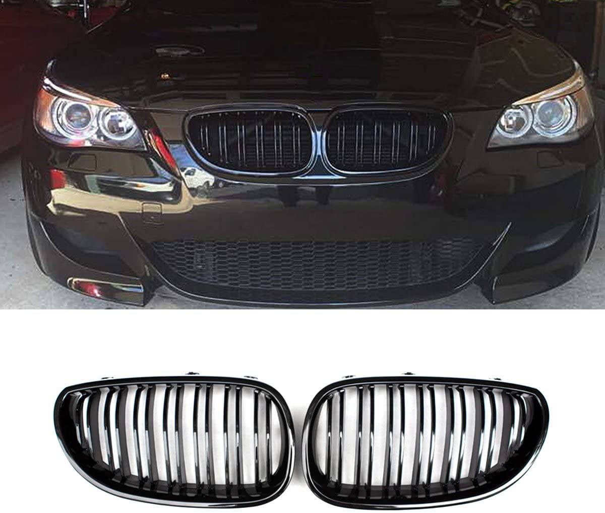 2004-2009 BMW E60 E61 5 Series M5 Gloss Black Double Slat Kidney Grille Pair - Front Grill Replacement for Enhanced Style & Performance