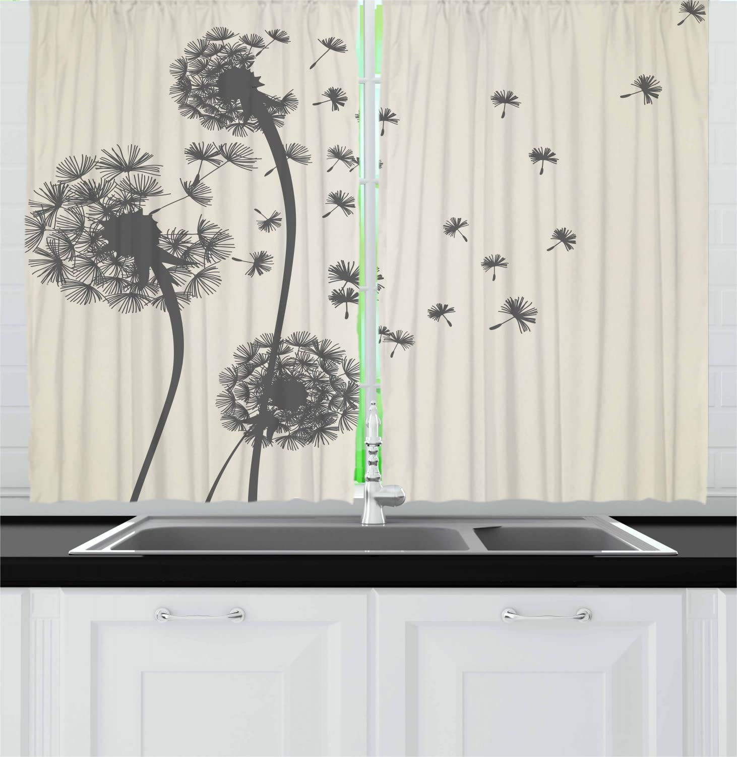 Lunarable Dandelion Long Kitchen Curtains - 2 Panel Set with Rod Pocket, 55