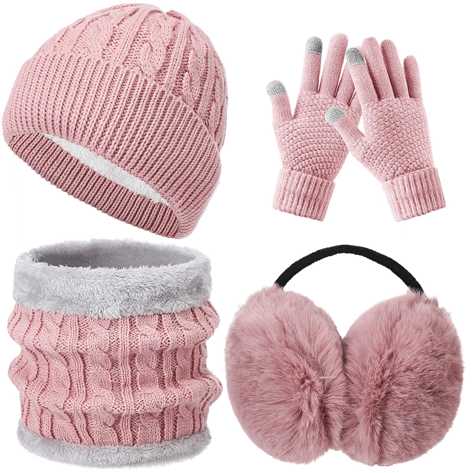 4 Pcs Winter Hat Scarf Gloves and Ear Warmers Set for Women - Fleece Lined Knit Beanie, Soft Touch Screen Gloves, Warm Ear Muffs - Perfect for Skiing, Snowboarding, and Outdoor Winter Activities
