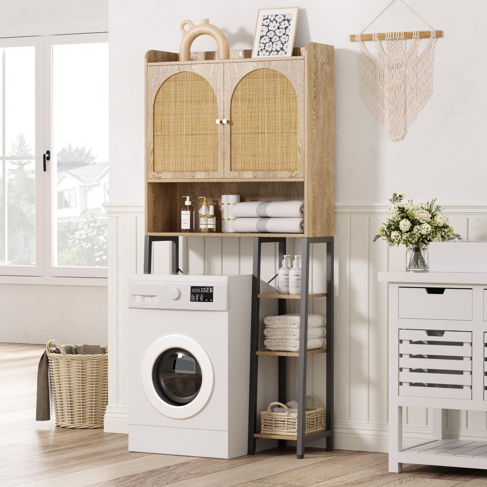 Rattan Over The Toilet Storage Cabinet with Adjustable Shelf - Bathroom Organizer with Large Space, Metal Stand & Natural Rattan Door - Tall Storage Shelves for Toilet Paper, Towels & Bath Essentials - Perfect for Small Bathrooms & Space-Saving Solutions