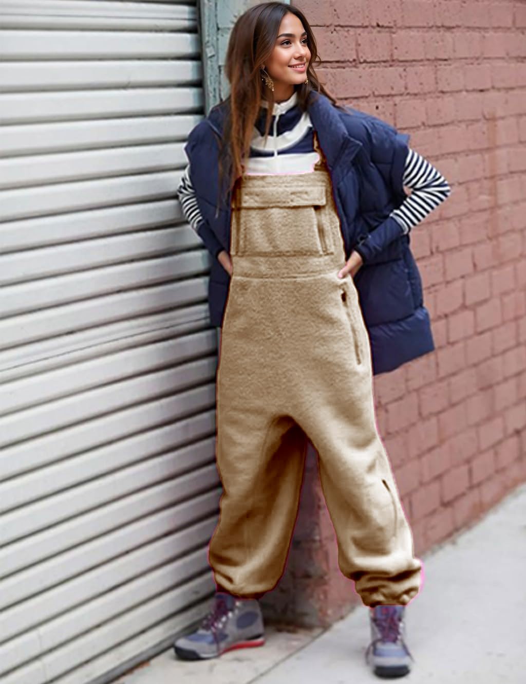 Yoeasy Women's Fleece Overalls - Sleeveless Winter Jumpsuit with Adjustable Straps & Pockets | Warm Fuzzy Bib Overalls for Casual Wear, Lounge, Outdoor Activities