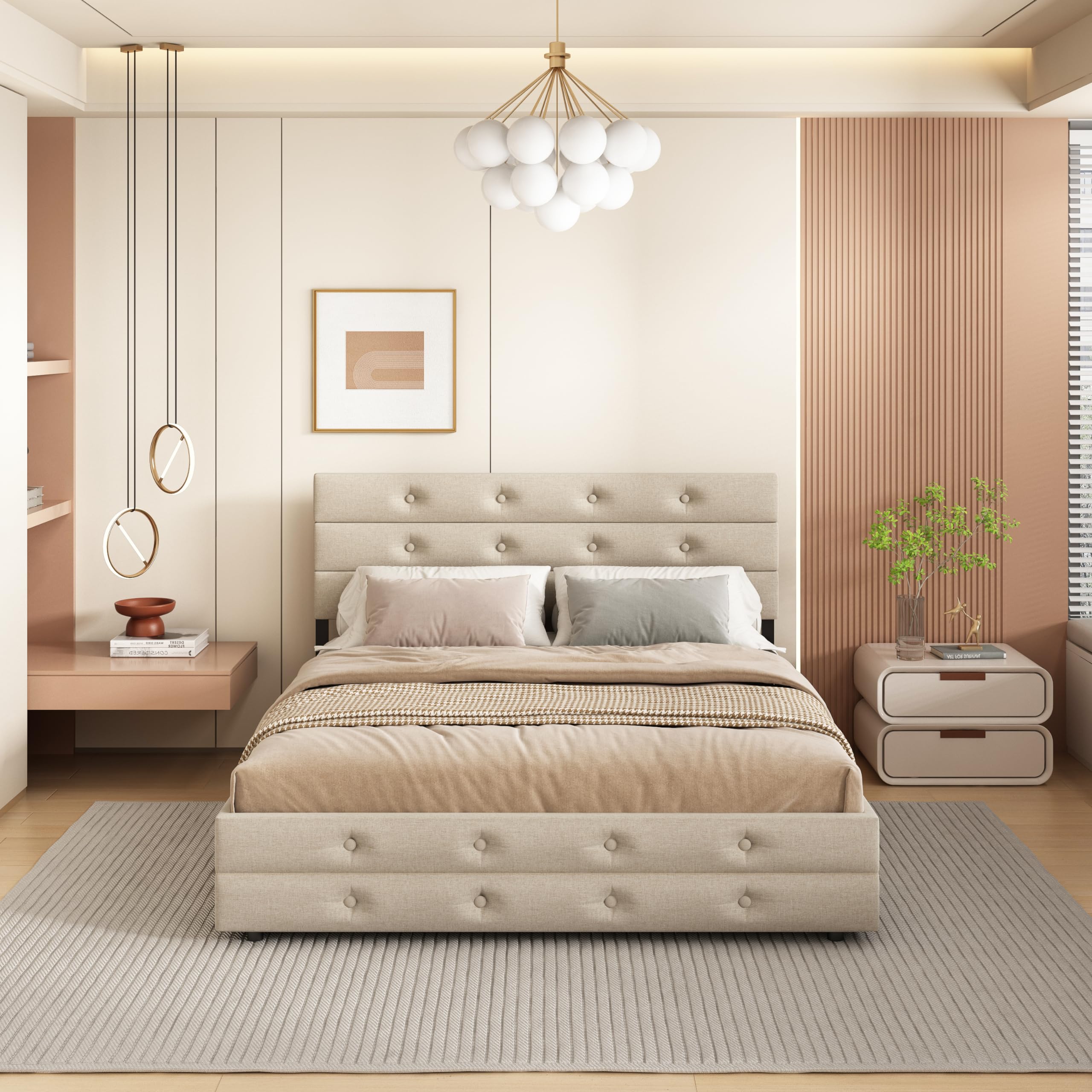 Harper & Bright Designs Queen Size Upholstered Platform Bed with Trundle & Storage Drawers - Light Beige Linen Fabric - Perfect for Small Bedrooms, Guest Rooms & Space-Saving Solutions