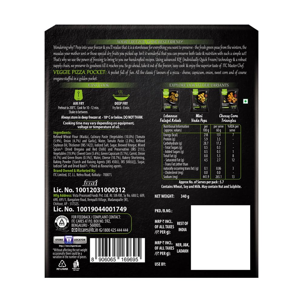 ITC MASTER CHEF Veggie Pizza Pocket - Frozen Ready-to-Cook Snack (340g) | Quick Meal Solution for Busy Weekdays, After-School Snacks & Party Appetizers