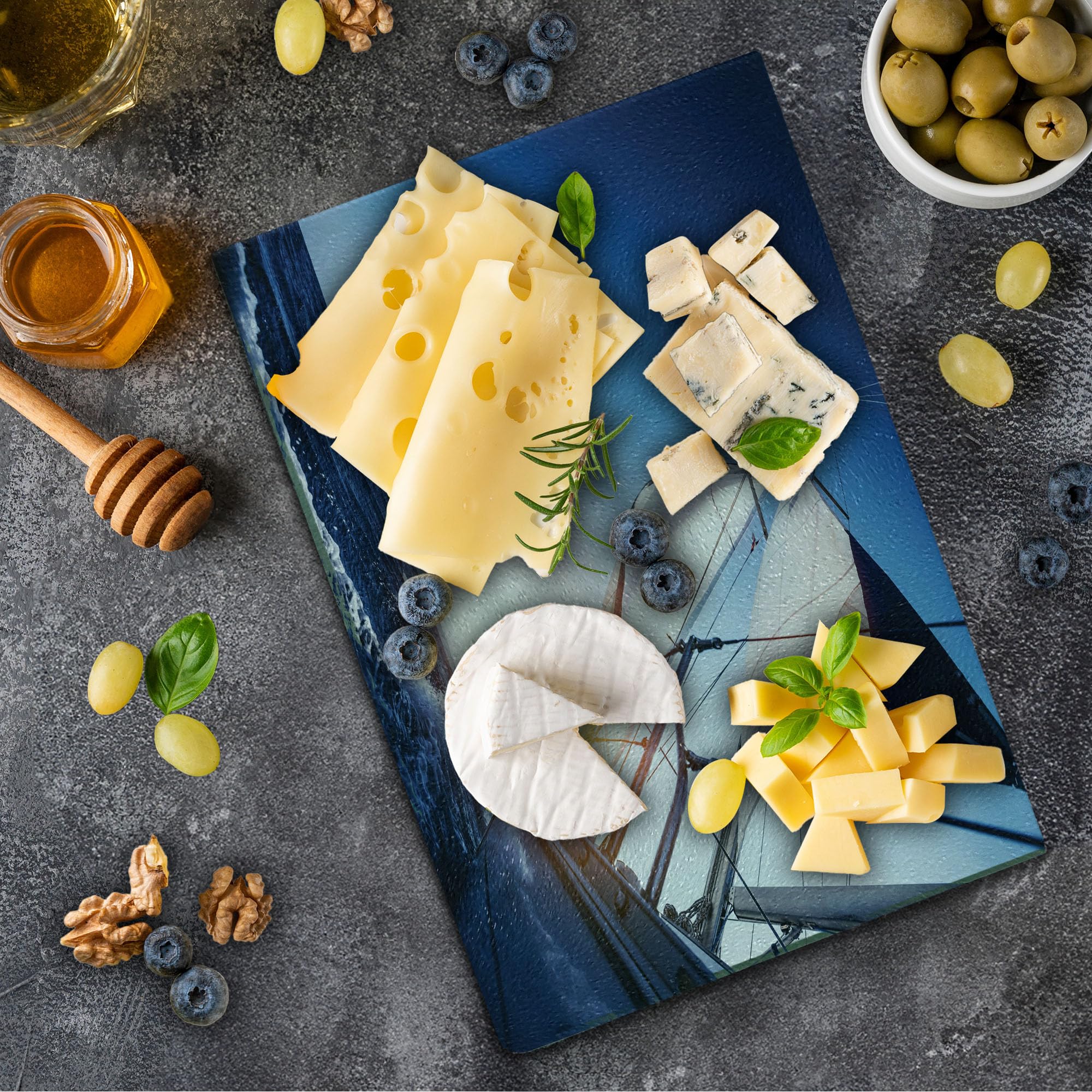Ambesonne Sailboat Tempered Glass Cutting Board - Summer Adventure Sunset Print - Small White & Dark Blue Decorative Serving Board for Kitchen, Dining, and Party Use