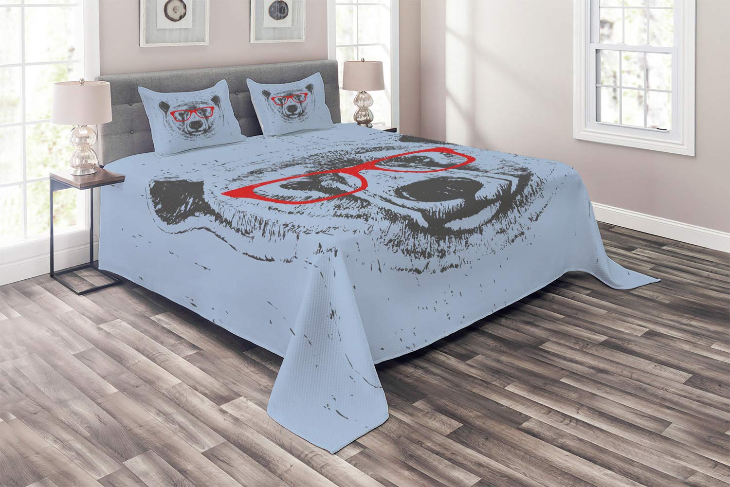 Ambesonne Hipster Coverlet Set - Whimsical Grunge Polar Bear with Glasses Quilted Bedspread | 3-Piece King Size Bedding Set with 2 Pillow Shams in Pale Ceil Blue, Vermilion & Charcoal Grey | Perfect for Bohemian & Modern Bedroom Decor