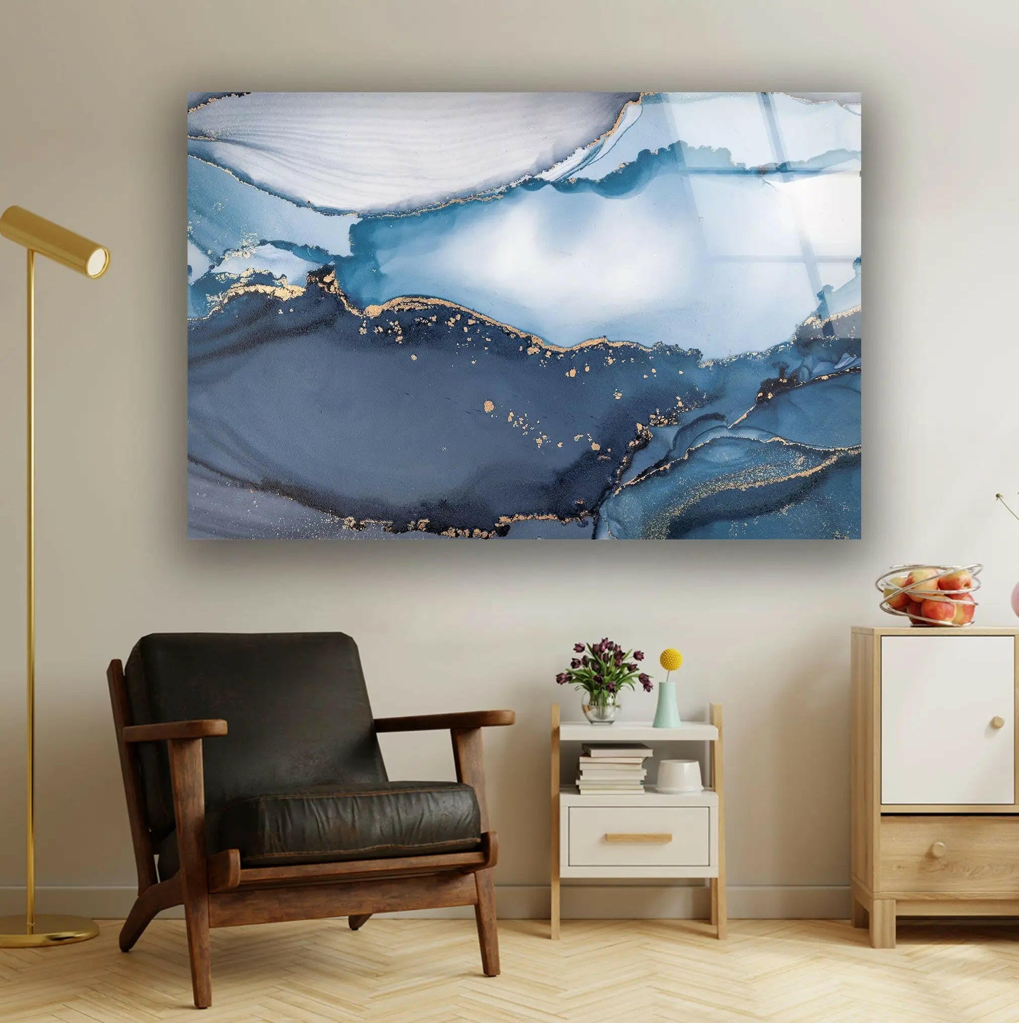 Blue Marble Ink Abstract Glass Wall Art - Modern Home Decor for Living Room, Bedroom & Office - Unique Handmade Glass Painting for Interior Design