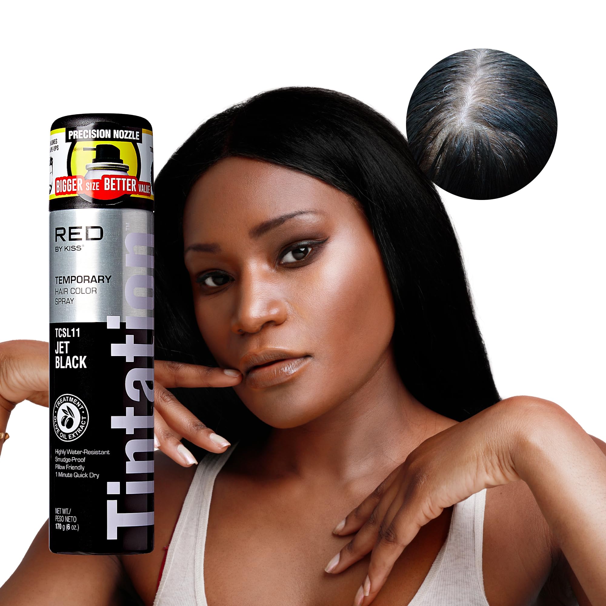 Red by Kiss Tintation Temporary Hair Color Spray - Jet Black (6 oz) | Instant Gray Root & Hairline Touch Up | Water-Resistant, Smudge-Proof & Quick-Dry Formula | Easy Wash Out | Professional Barber Use & DIY Home Styling | Perfect for Covering Roots, Enhancing Hairstyles & Special Occasions