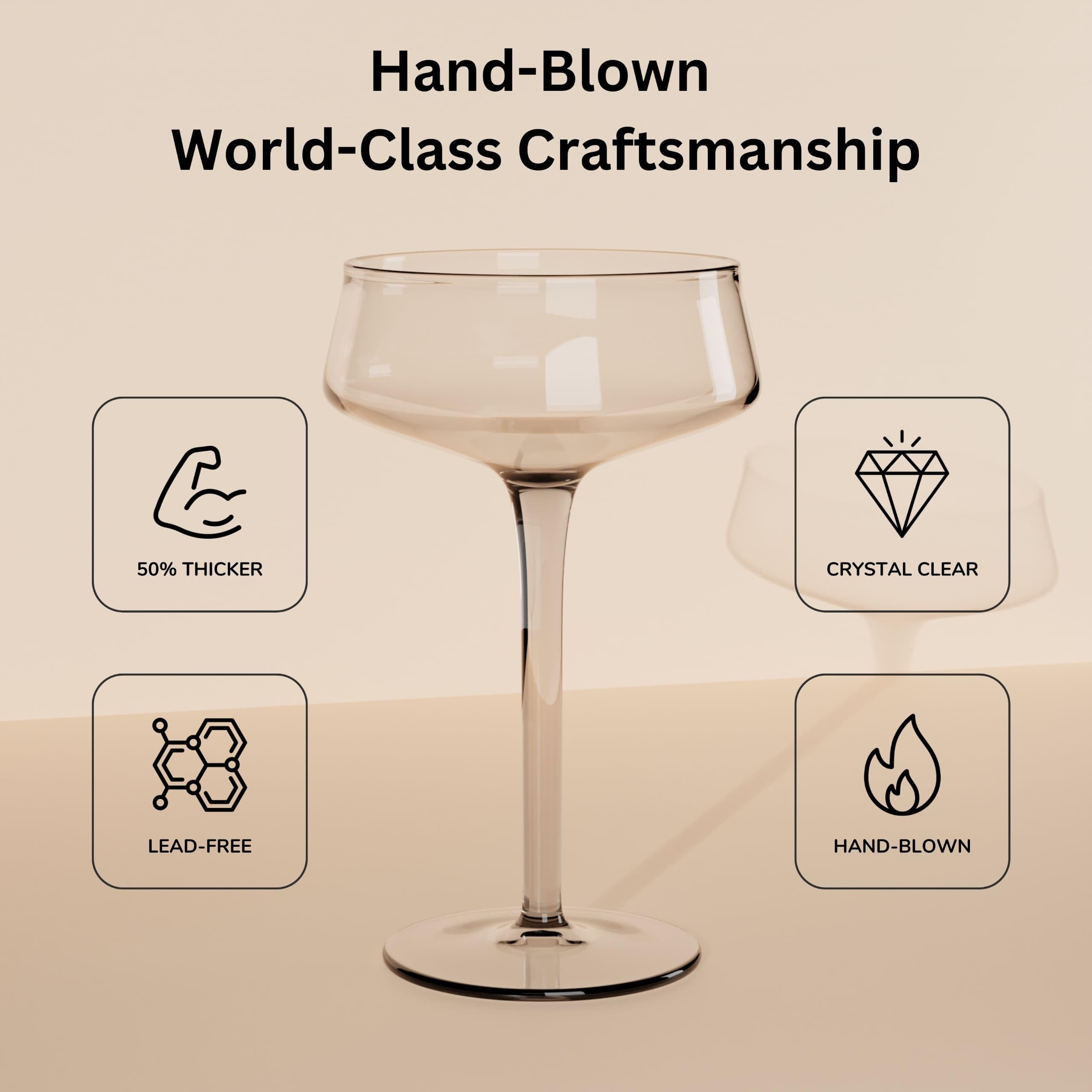 Elegant 8oz Hand Blown Crystal Champagne Coupe Glasses Set of 6 with 6 Stainless Steel Cocktail Picks - Vintage Martini Glasses for Champagne, Cocktails & Parties - Perfect for Weddings, Anniversaries & Home Entertaining