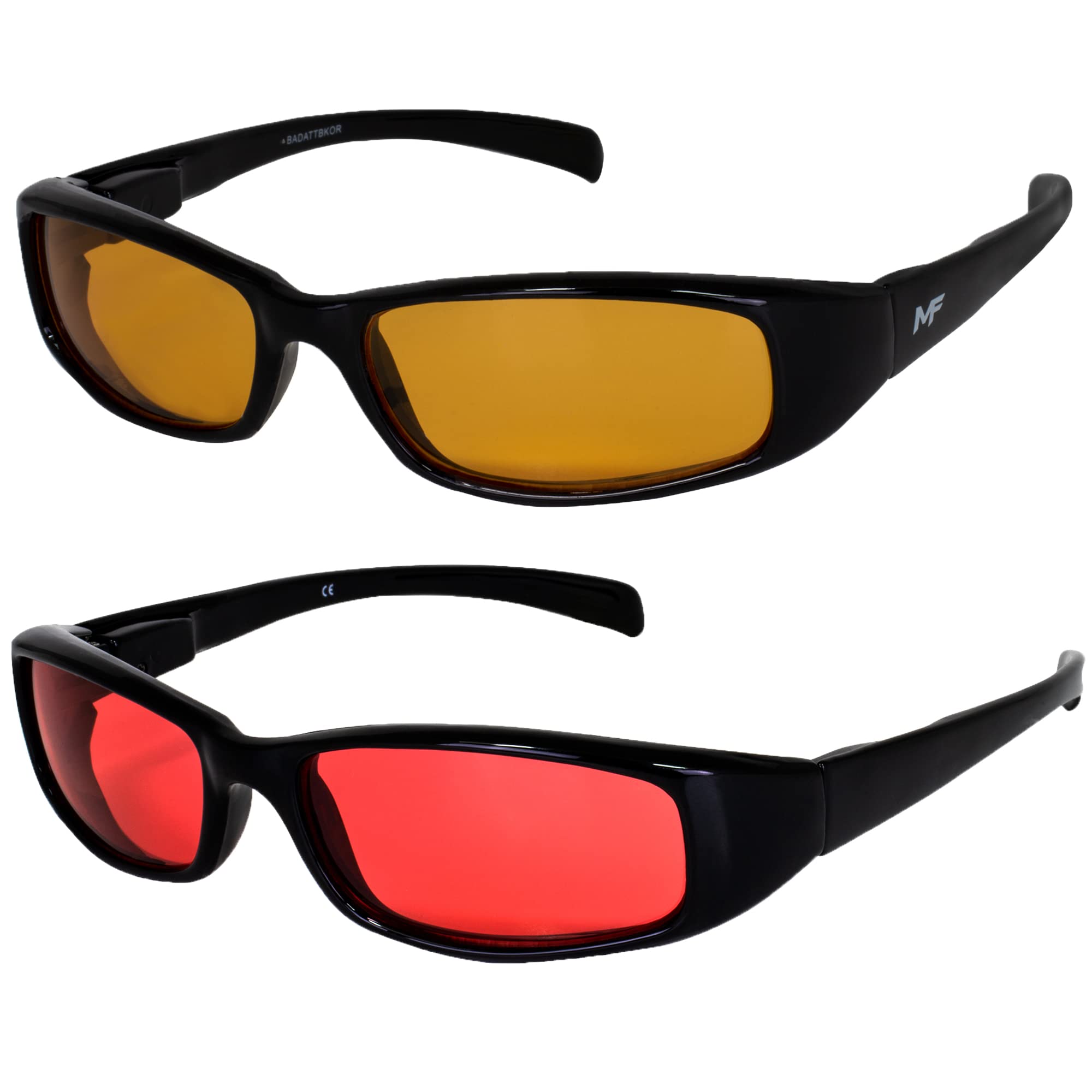 2 Pairs Bad Attitude Wraparound Motorcycle Sunglasses - Black Frame with Orange & Red Mirrored Lenses for Men & Women - UV Protection for Riding, Driving, Cycling & Outdoor Sports