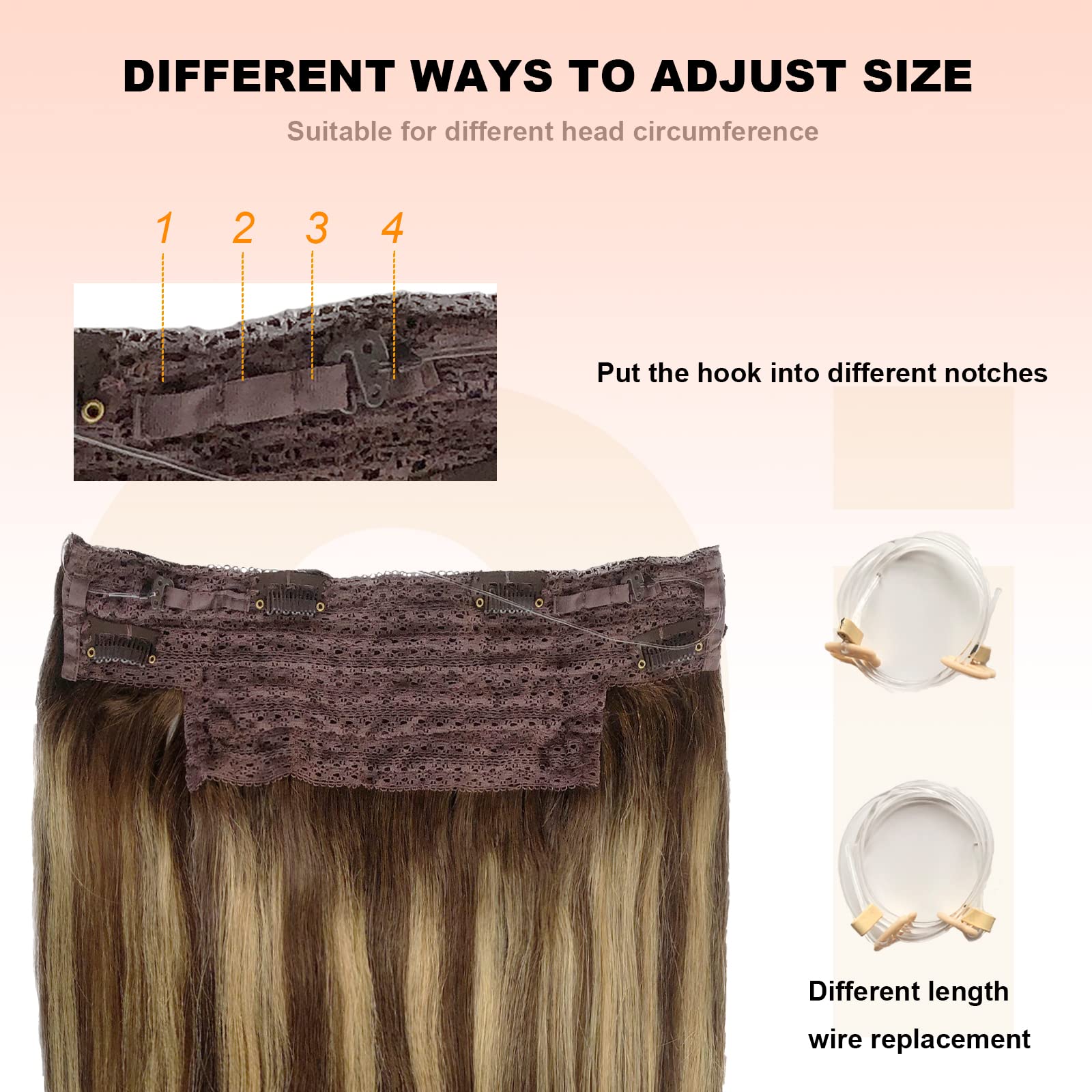 OiMiGO 20 Inch Human Hair Extensions with Invisible Fish Wire - Adjustable Size 100g Medium Brown Mix Caramel Blonde Balayage Highlights | Perfect for Daily Styling, Parties & Special Occasions