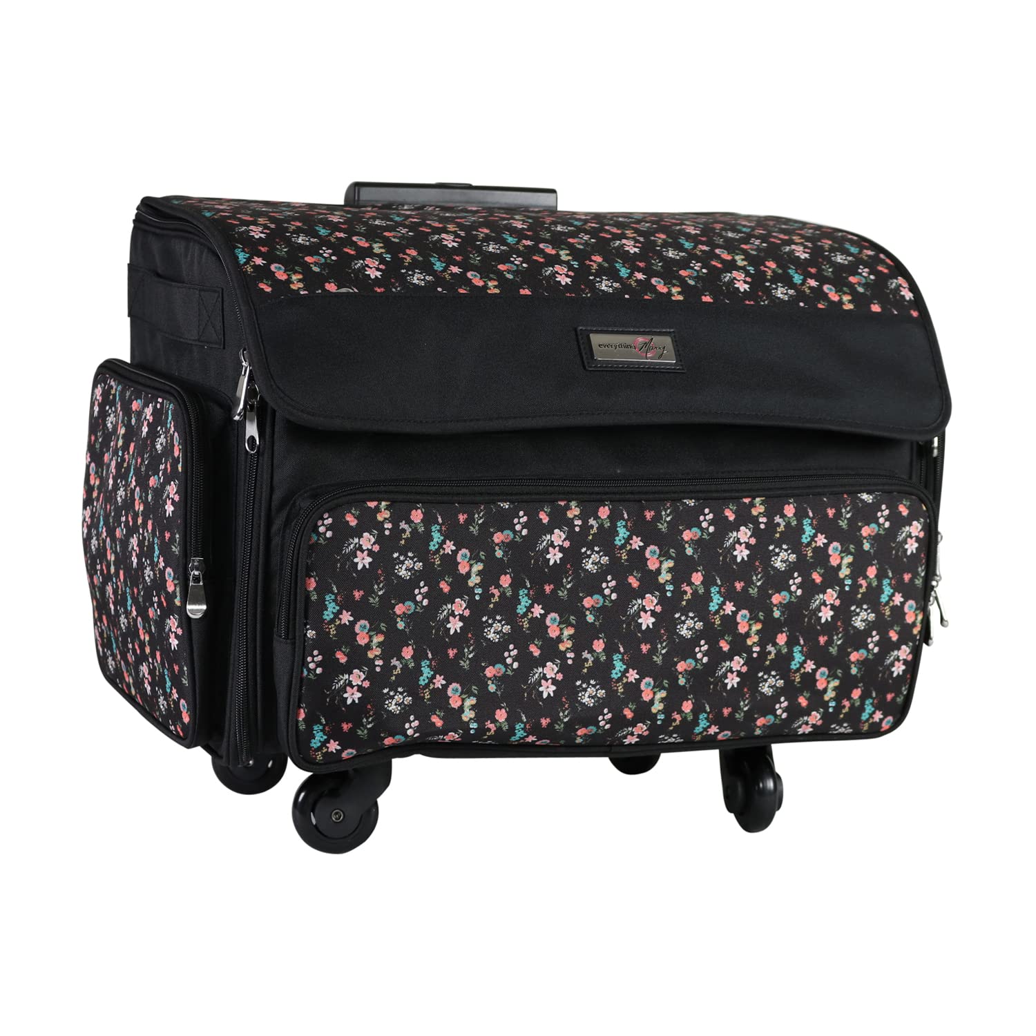 Everything Mary 4 Wheel Collapsible Deluxe Sewing Machine Storage Case - Black Floral Rolling Trolley Carrying Bag Compatible with Brother, Singer & Most Sewing Machines | Portable Organizer for Craft Rooms, Tailoring Shops & Home Sewing Projects