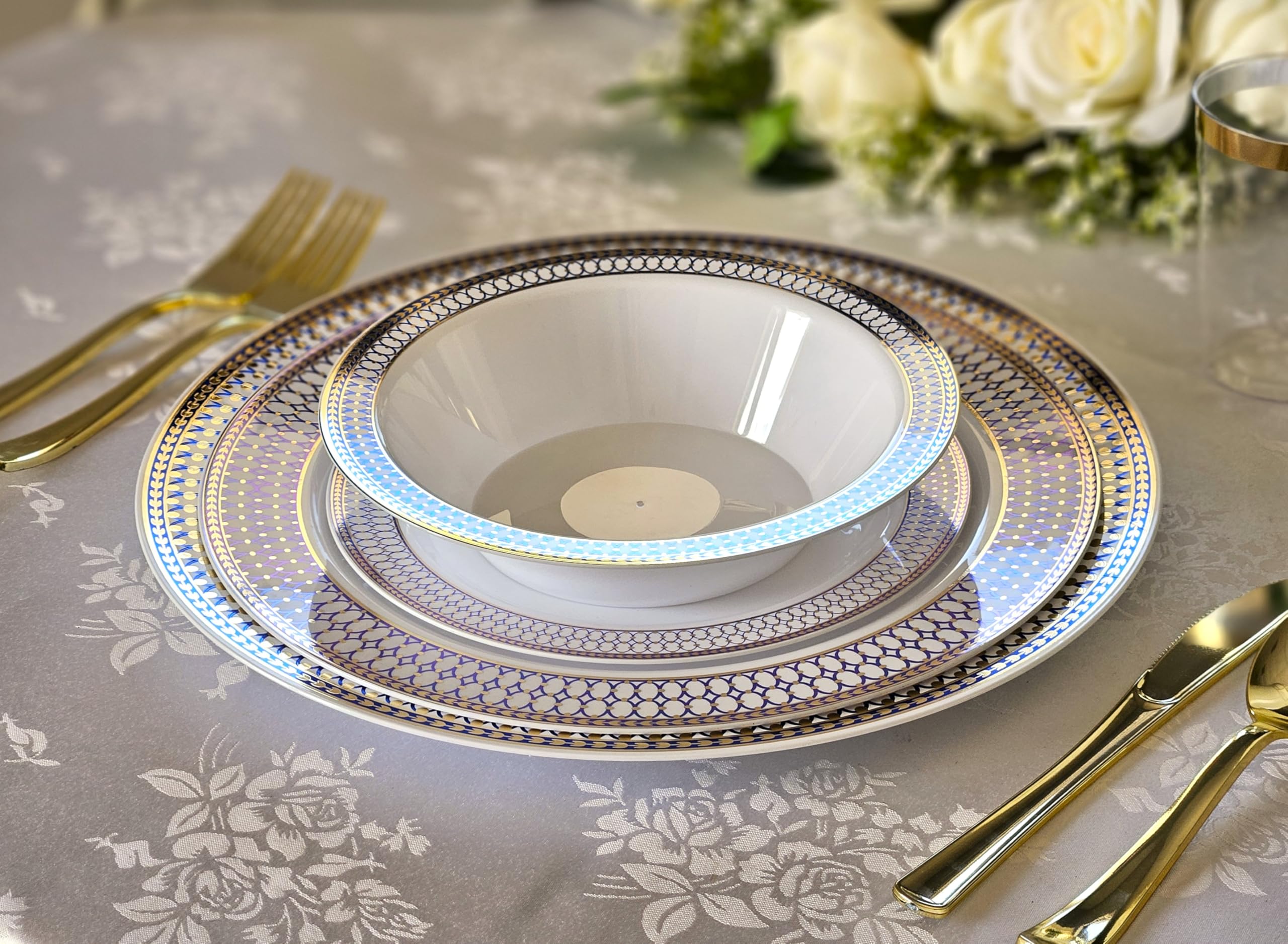 40-Piece Heavyweight Disposable Plastic Plates Set - 14oz Soup Bowls for Wedding, Party & Events (White/Blue/Gold) - Elegant Dinnerware for Catering, Picnics & Special Occasions