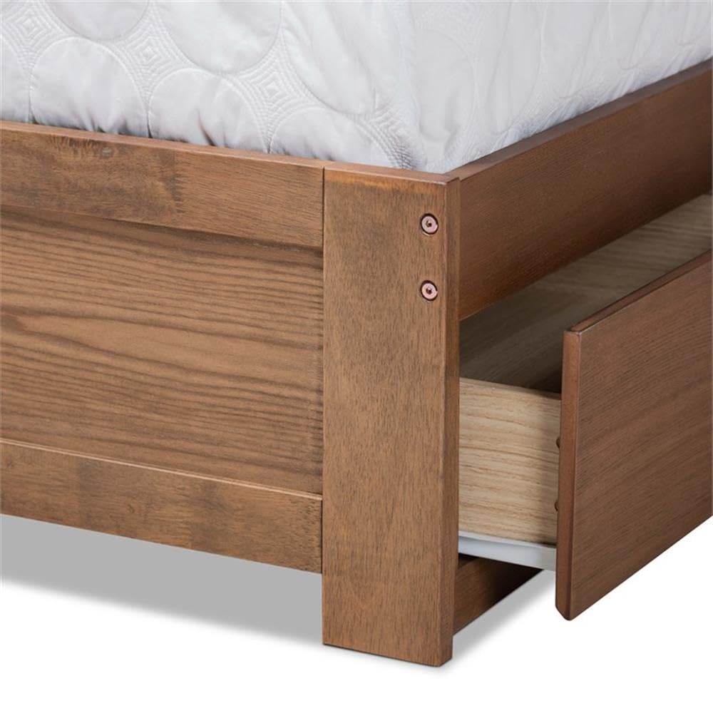 BOWERY HILL Solid Walnut Queen Size Bed Frame with 3 Storage Drawers - Elegant Wooden Platform Bed for Master Bedroom & Guest Room