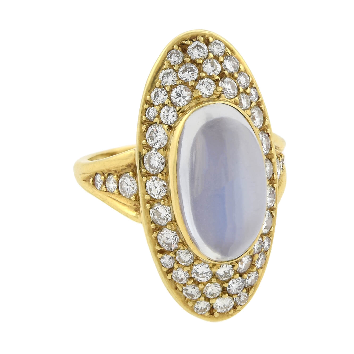 Vintage 18K Gold Moonstone and Pavé Diamond Navette Ring - Elegant Statement Jewelry for Weddings, Parties & Special Occasions