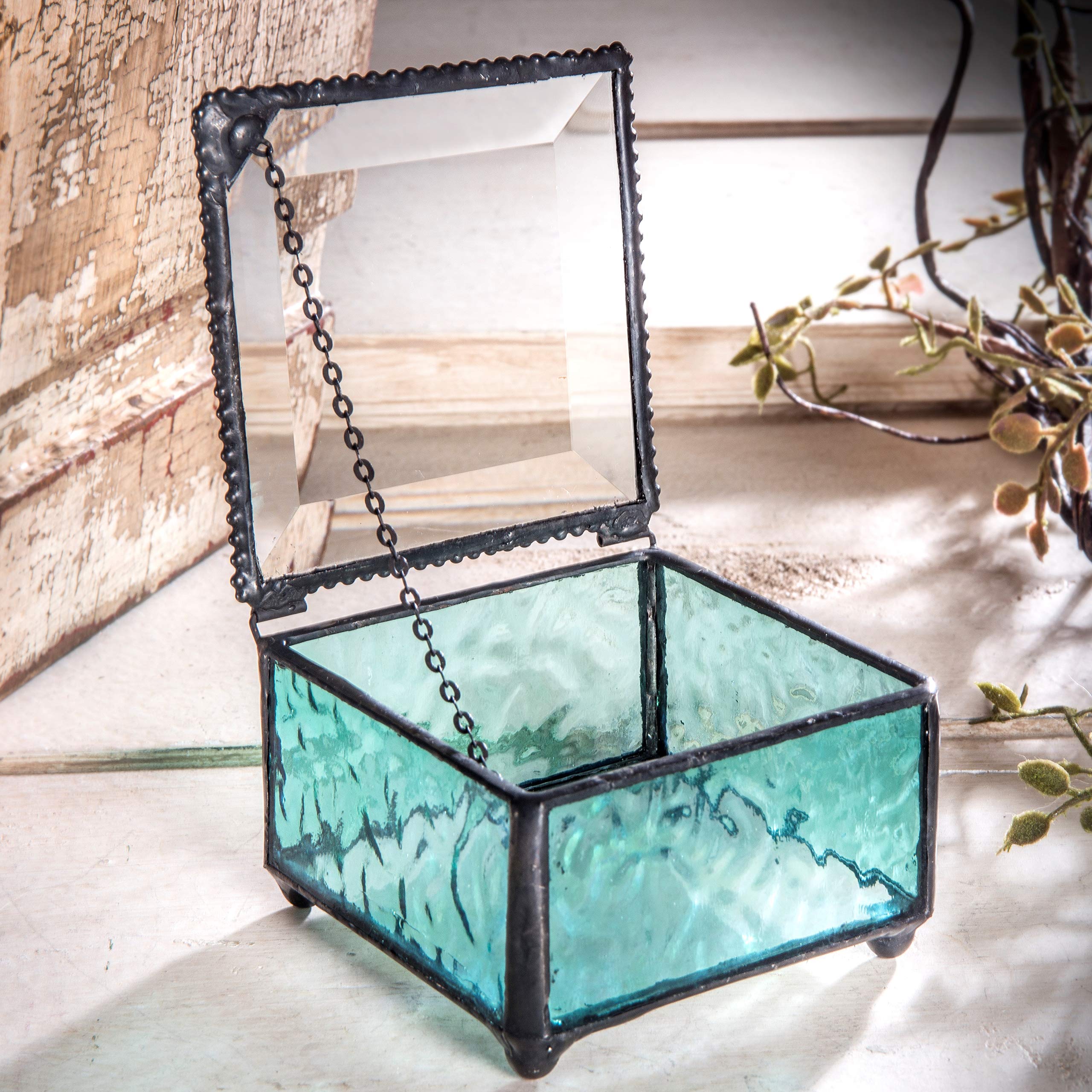 J Devlin - Aquamarine Blue Glass Decorative Trinket Box for Jewelry Storage | Keepsake Gift Box for Home Decor, Wedding Favors & Display Case