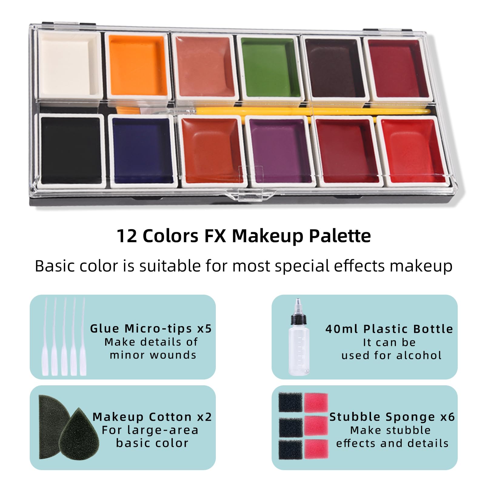 12 Colors Alcohol Activated Makeup Palette Set with Mimic Wound Sponge Egg - Professional SFX Halloween & Theater Makeup Kit for Special Effects, Cosplay and Costume Parties
