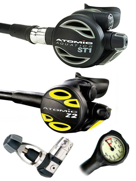 Atomic Aquatics ST1 Scuba Diving Regulator Set - DIN or Yoke Options with Free Termo Gauge | Professional Dive Gear for Ocean Exploration & Underwater Adventures