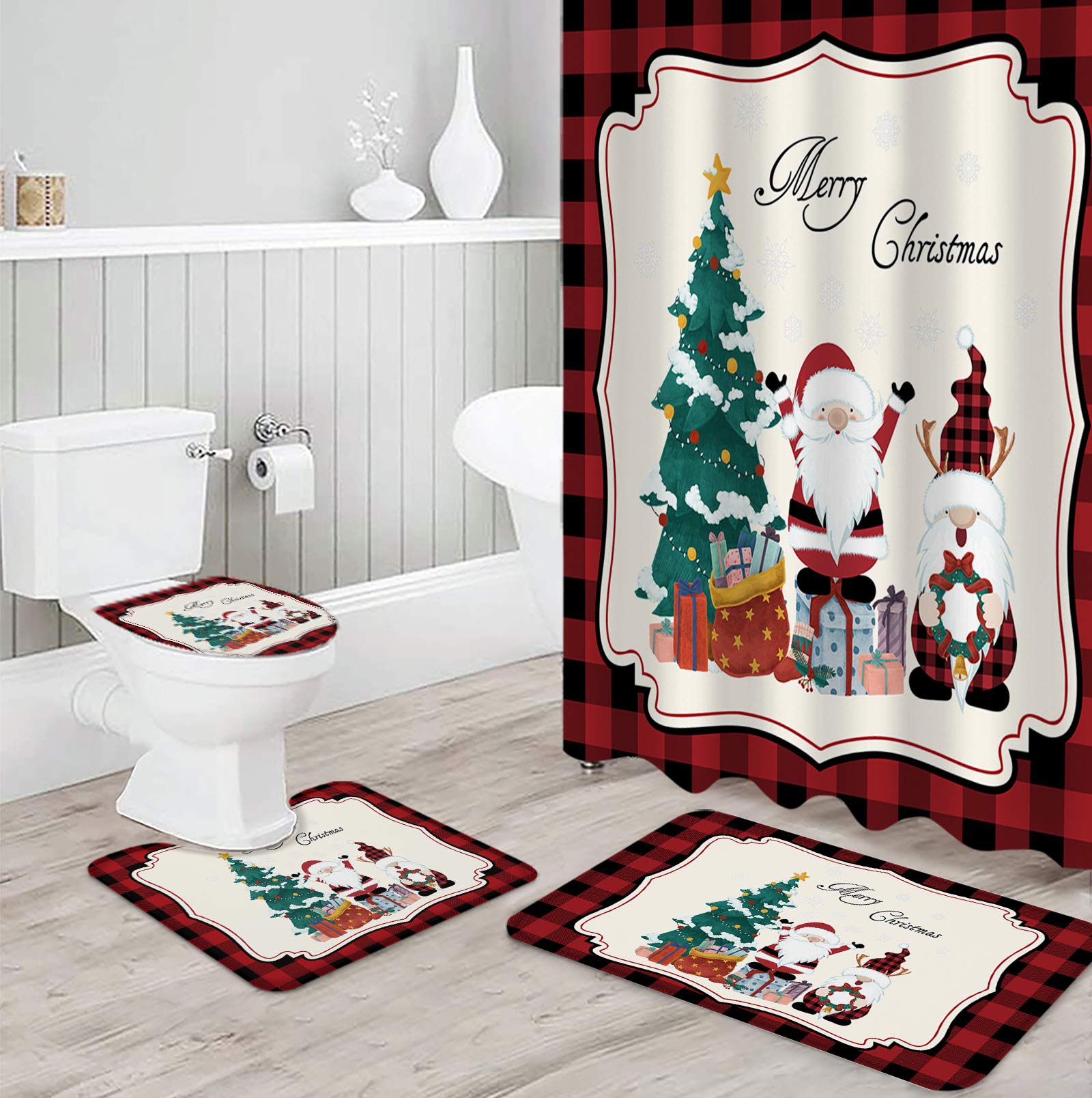 4-Piece Christmas Shower Curtain Set with 12 Hooks - Waterproof Bathroom Decor with Non-Slip Mat & Toilet Cover - Festive Gnome Xmas Tree Plaid Design for Holiday Bathroom Decorating (Ideal for Christmas Home Decor & Gift Giving)