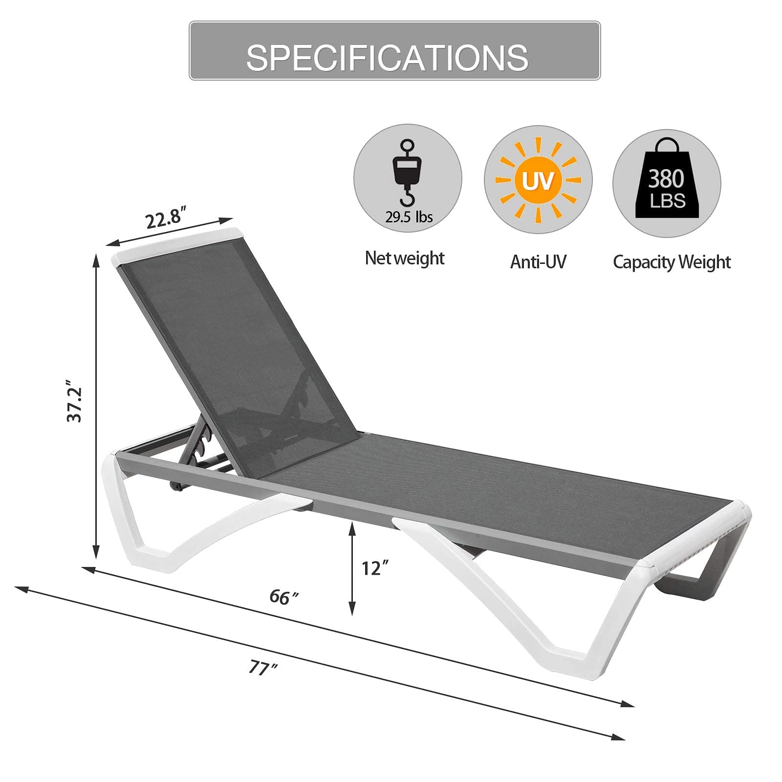 Domi Outdoor Living Adjustable Aluminum Patio Chaise Lounge - Lightweight Plastic Pool Lounge Chair with Reclining Back (Grey) - Perfect for Backyard, Poolside & Beach Relaxation