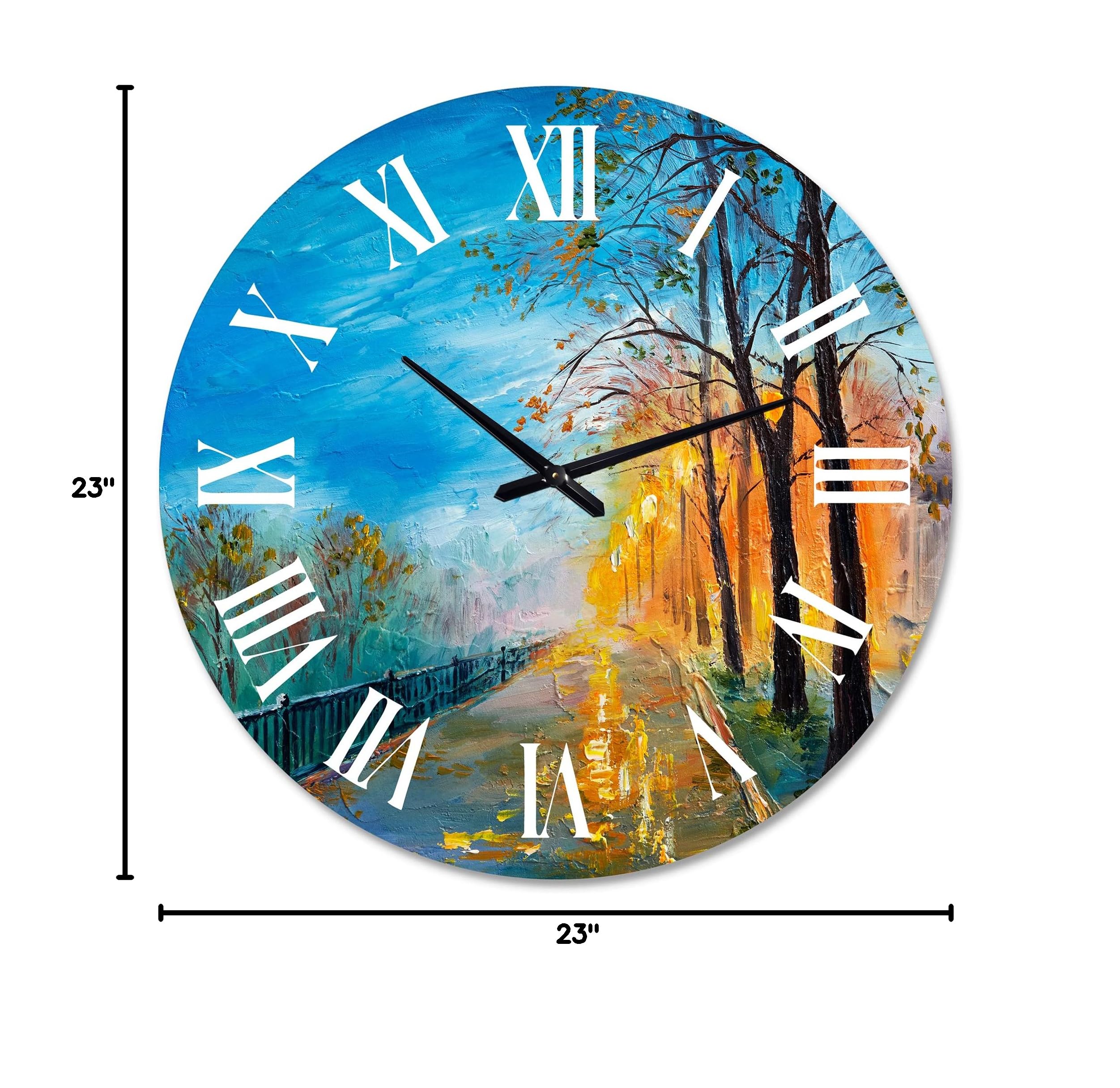 DesignQ Traditional Wall Clock 'Evening On Autumn Road' - Large Landscape Nature Wall Clock for Home, Office, Living Room Decor - Perfect for Farmhouse, Bedroom & Kitchen Wall Art