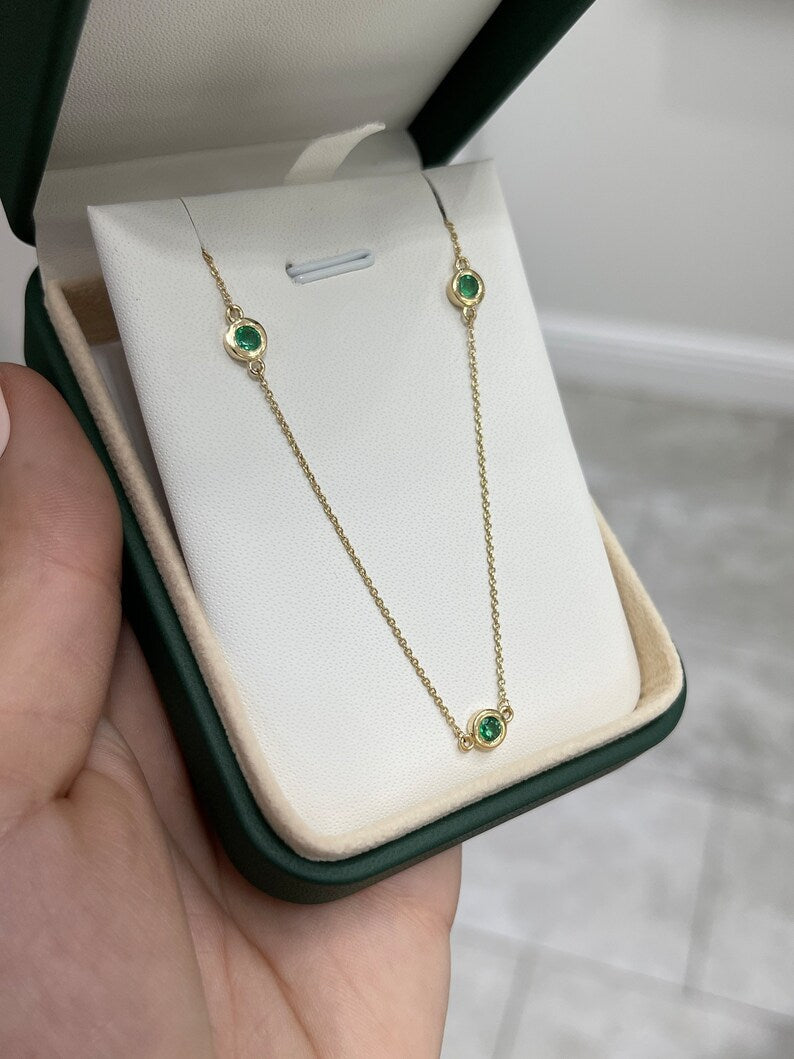 0.80tcw 14K Natural Emerald Round Cut Gold Chain Necklace - Elegant Jewelry for Women, Perfect for Weddings, Parties & Everyday Wear
